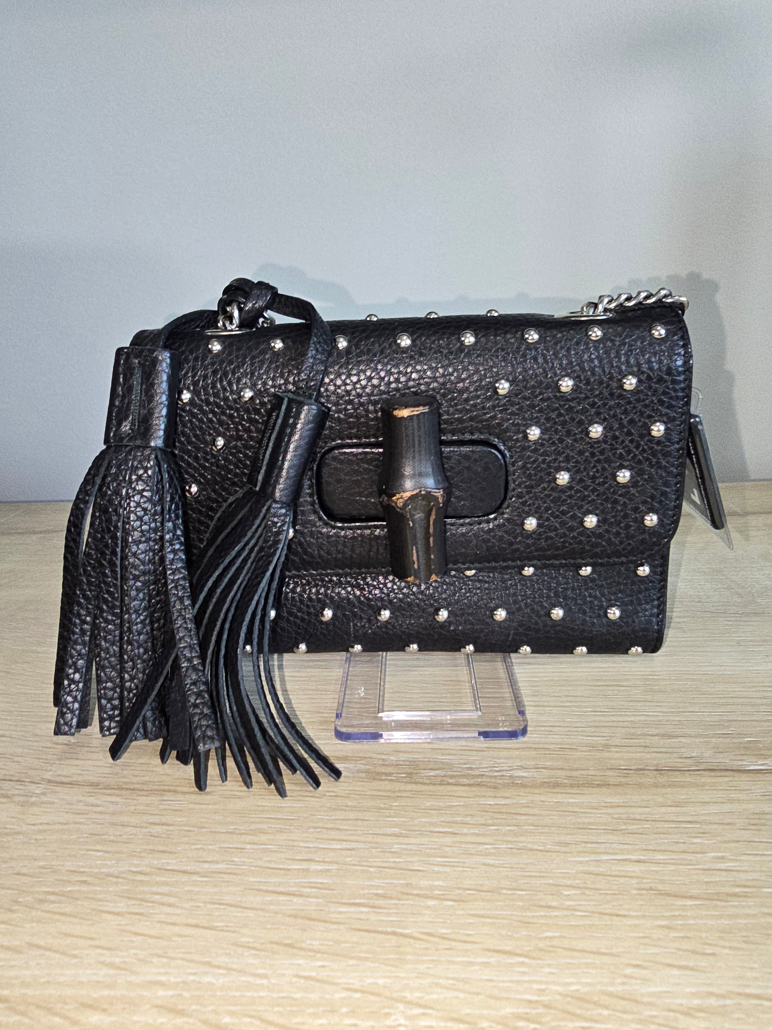 Gucci Miss Bamboo Shoulder Bag — Black with Silver Studs