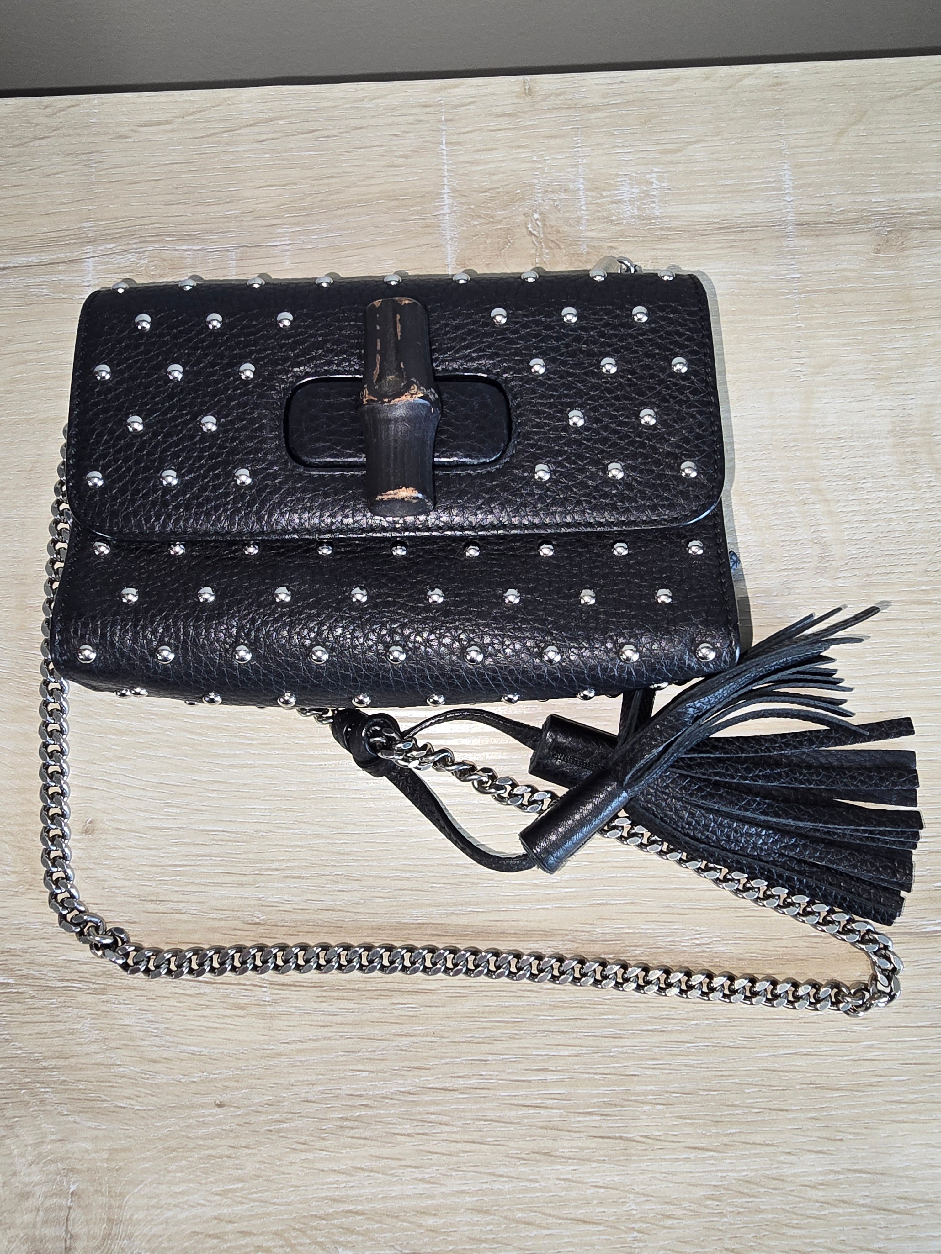 Gucci Miss Bamboo Shoulder Bag — Black with Silver Studs