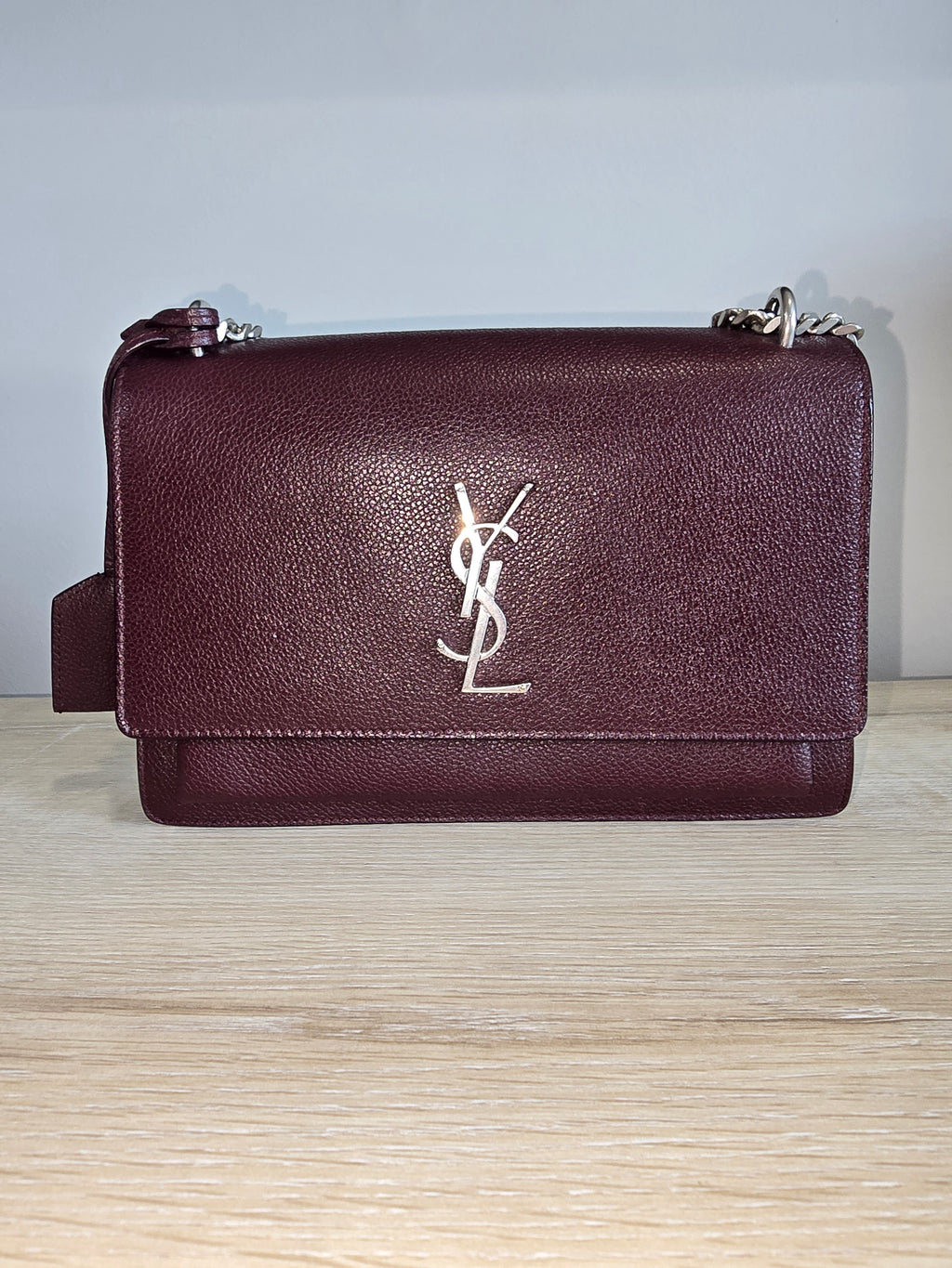 Saint Laurent Sunset Bag — Burgundy Grained Leather / Silver Hardware