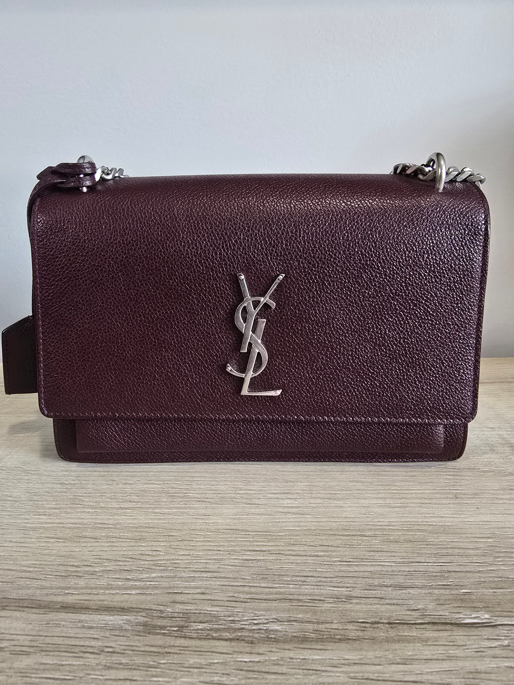 Saint Laurent Sunset Bag — Burgundy Grained Leather / Silver Hardware