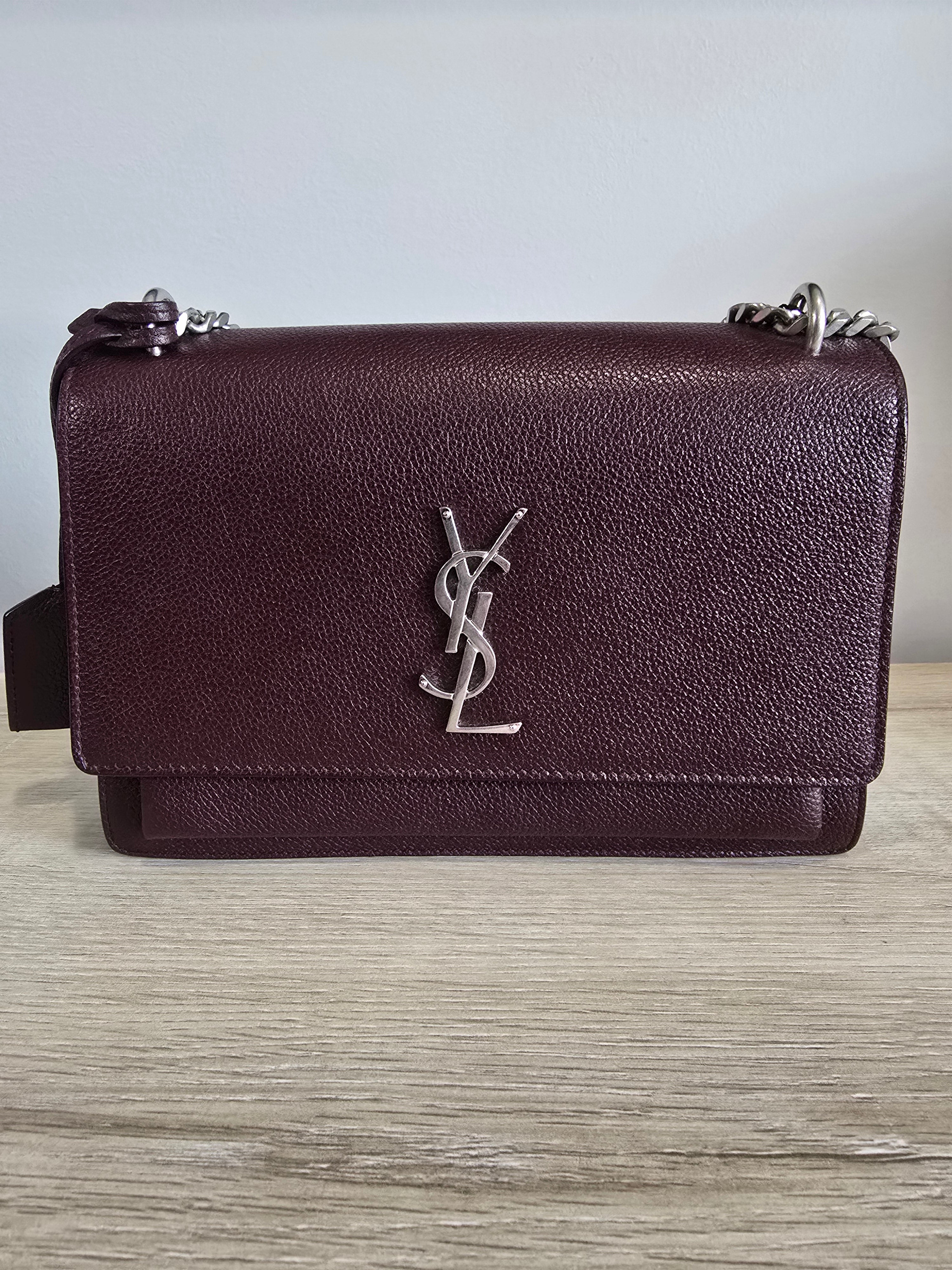 Saint Laurent Sunset Bag — Burgundy Grained Leather / Silver Hardware