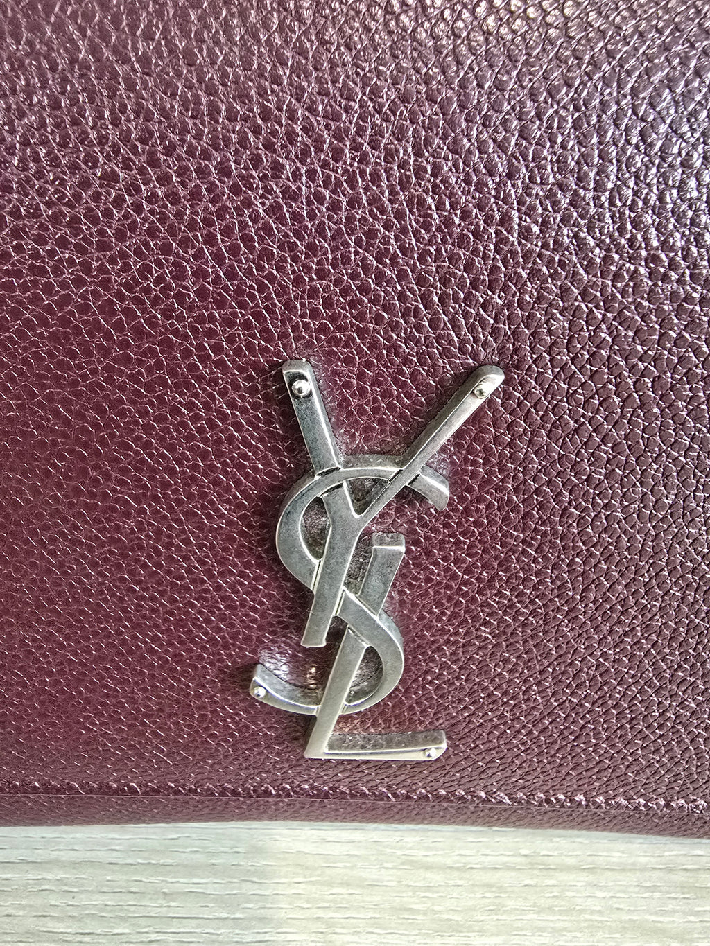 Saint Laurent Sunset Bag — Burgundy Grained Leather / Silver Hardware