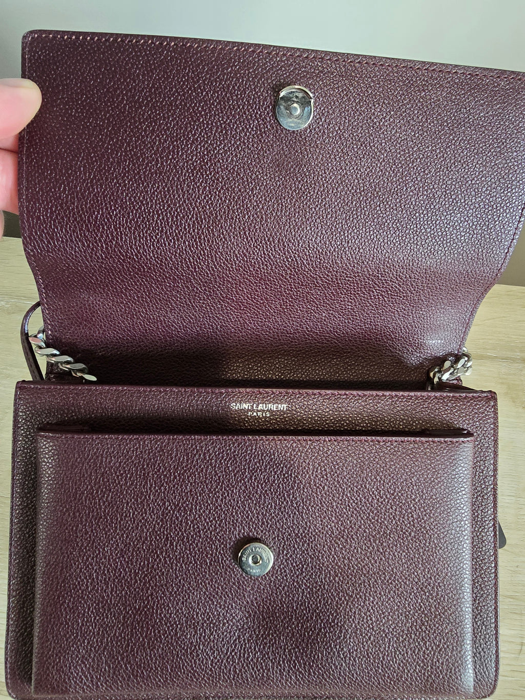 Saint Laurent Sunset Bag — Burgundy Grained Leather / Silver Hardware