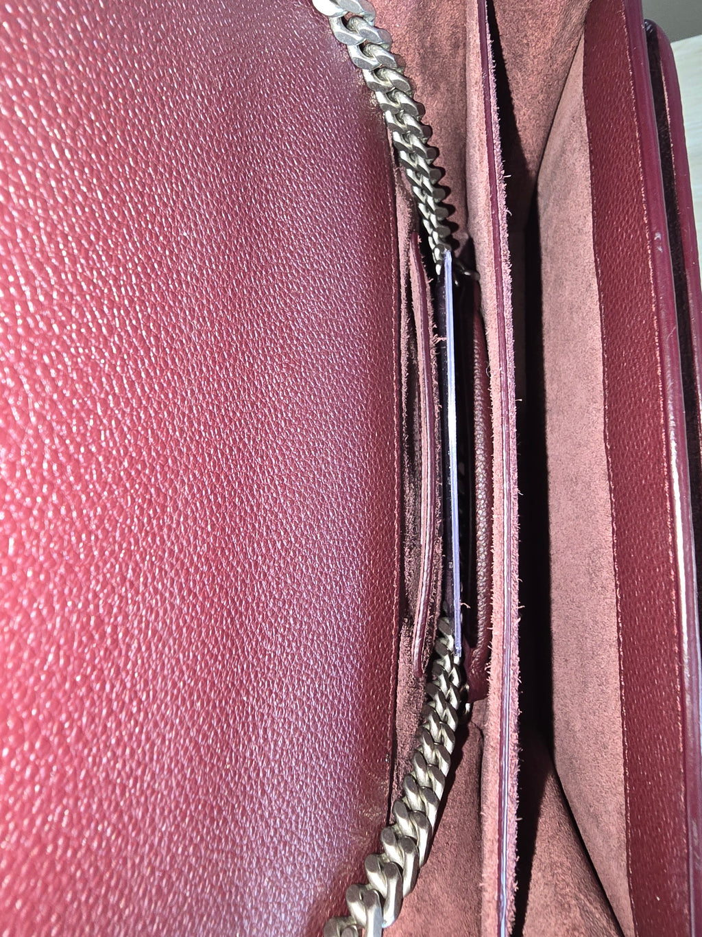 Saint Laurent Sunset Bag — Burgundy Grained Leather / Silver Hardware