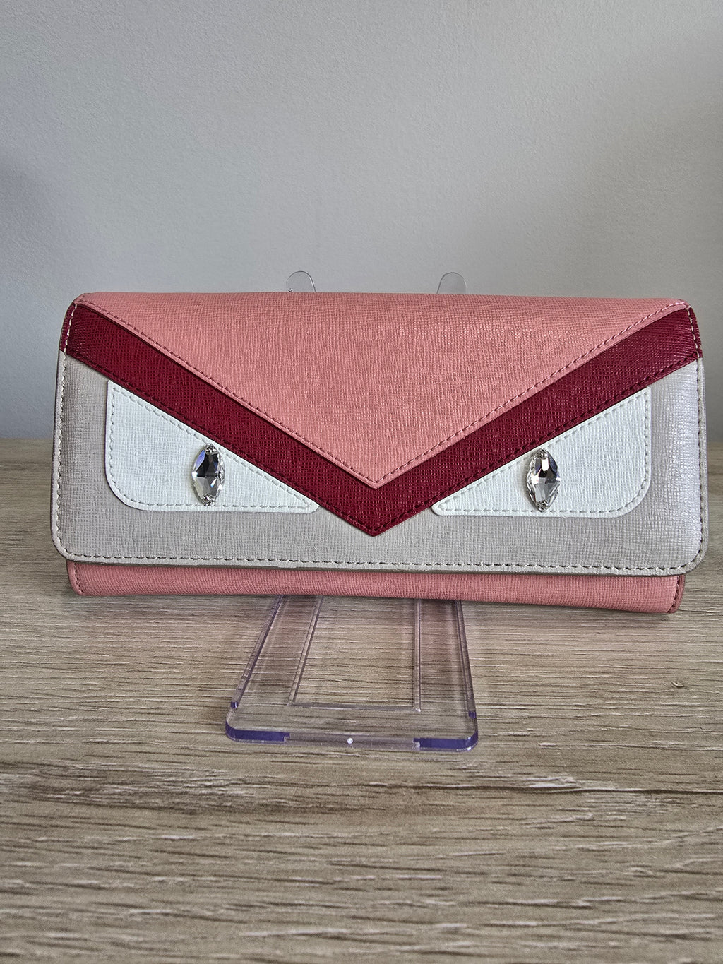 Fendi Vitello Elite Crystal Eye Monster Continental Wallet on Chain — Pink / Red / Grey