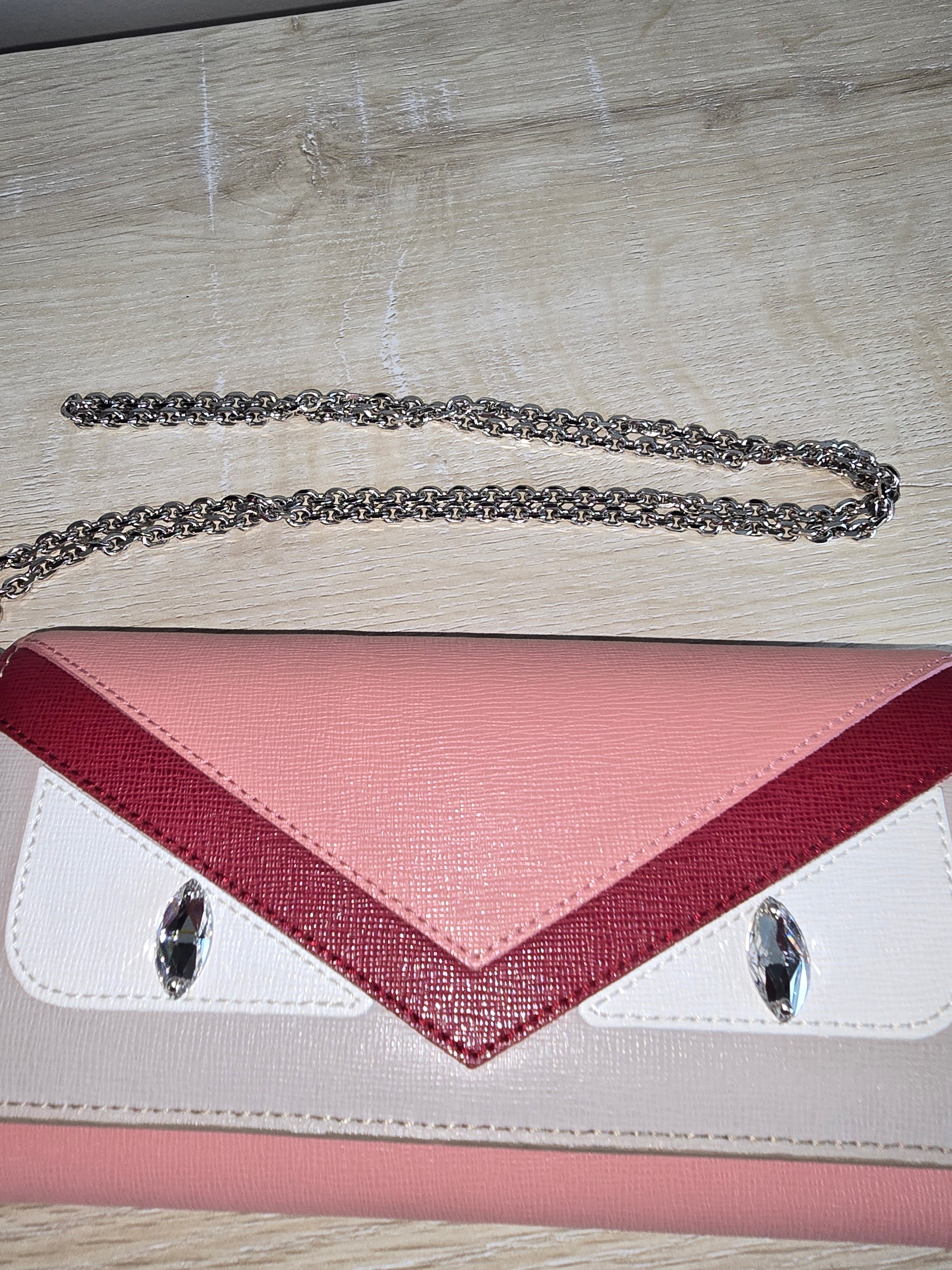 Fendi Vitello Elite Crystal Eye Monster Continental Wallet on Chain — Pink / Red / Grey