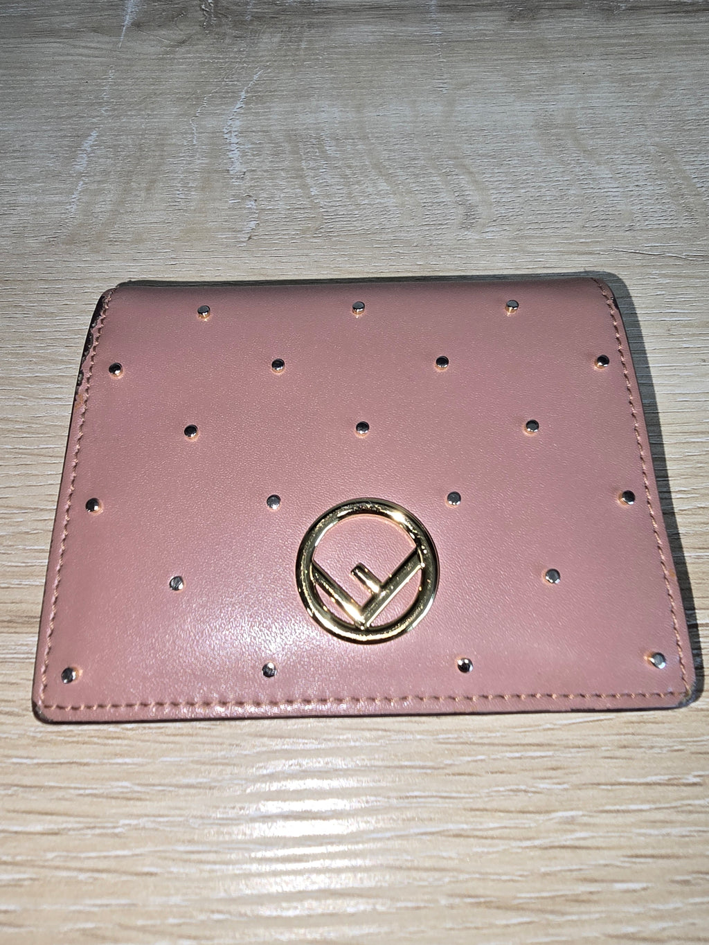 Fendi Pink Studded Leather Card Holder & Coin Purse Wallet — Gold Studs