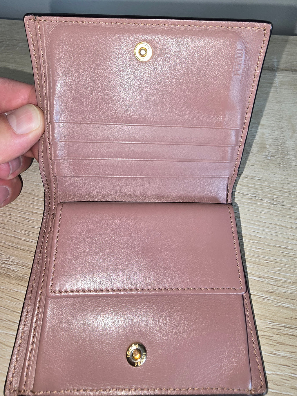 Fendi Pink Studded Leather Card Holder & Coin Purse Wallet — Gold Studs