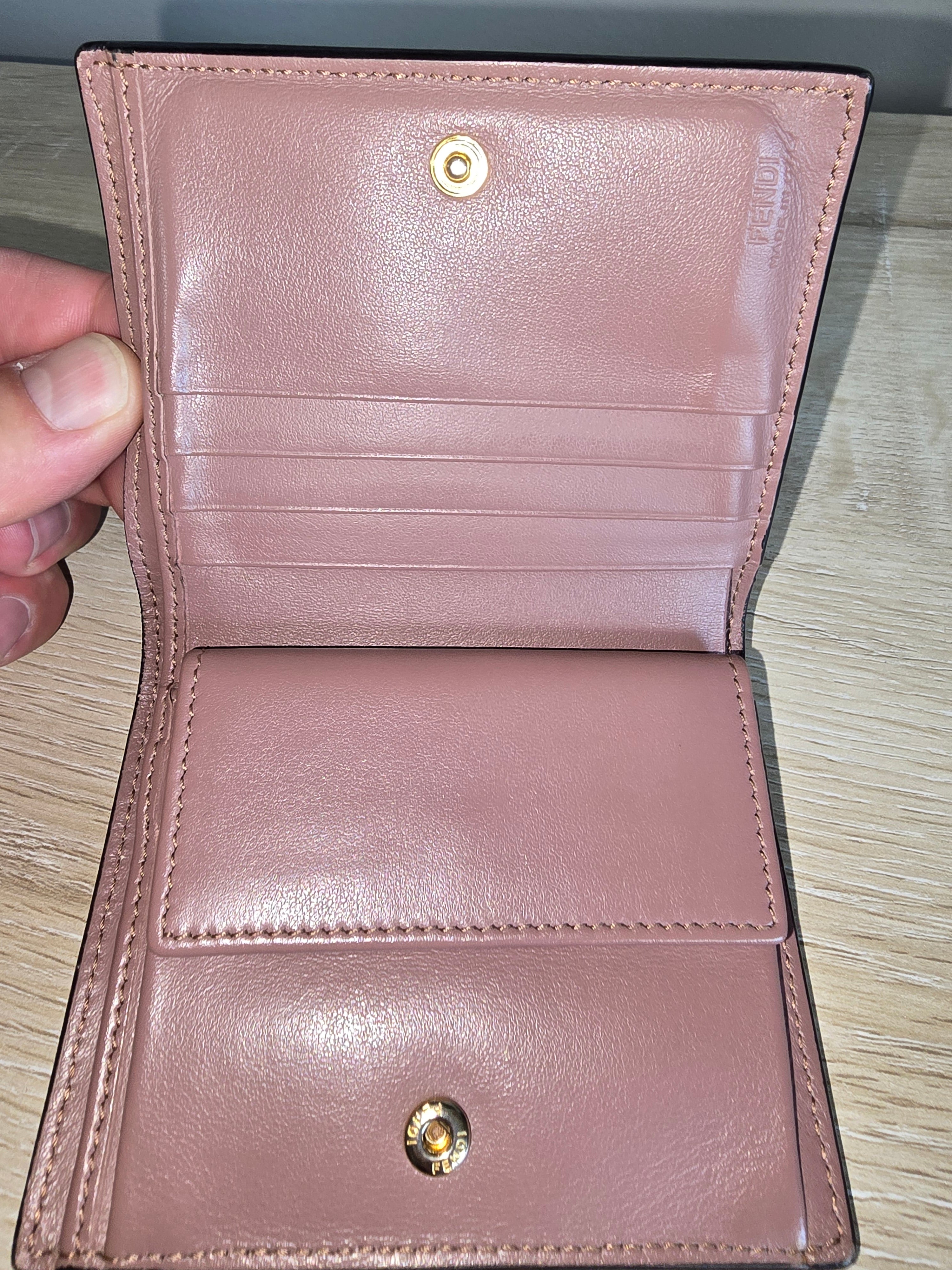 Fendi Pink Studded Leather Card Holder & Coin Purse Wallet — Gold Studs