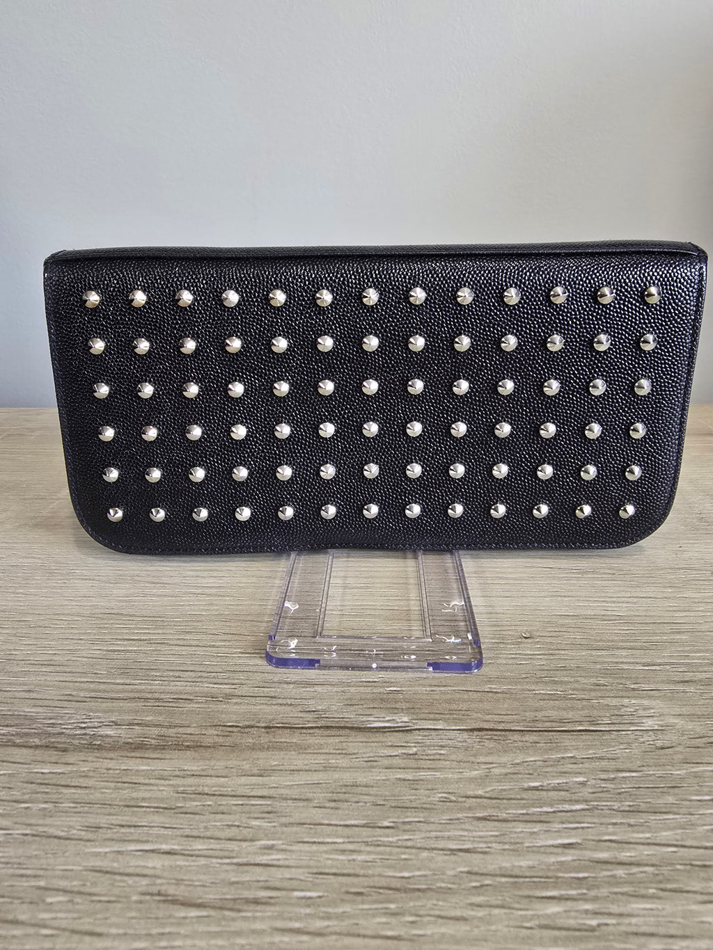 Saint Laurent Studded Black Leather Zip Around Wallet — Silver Studs