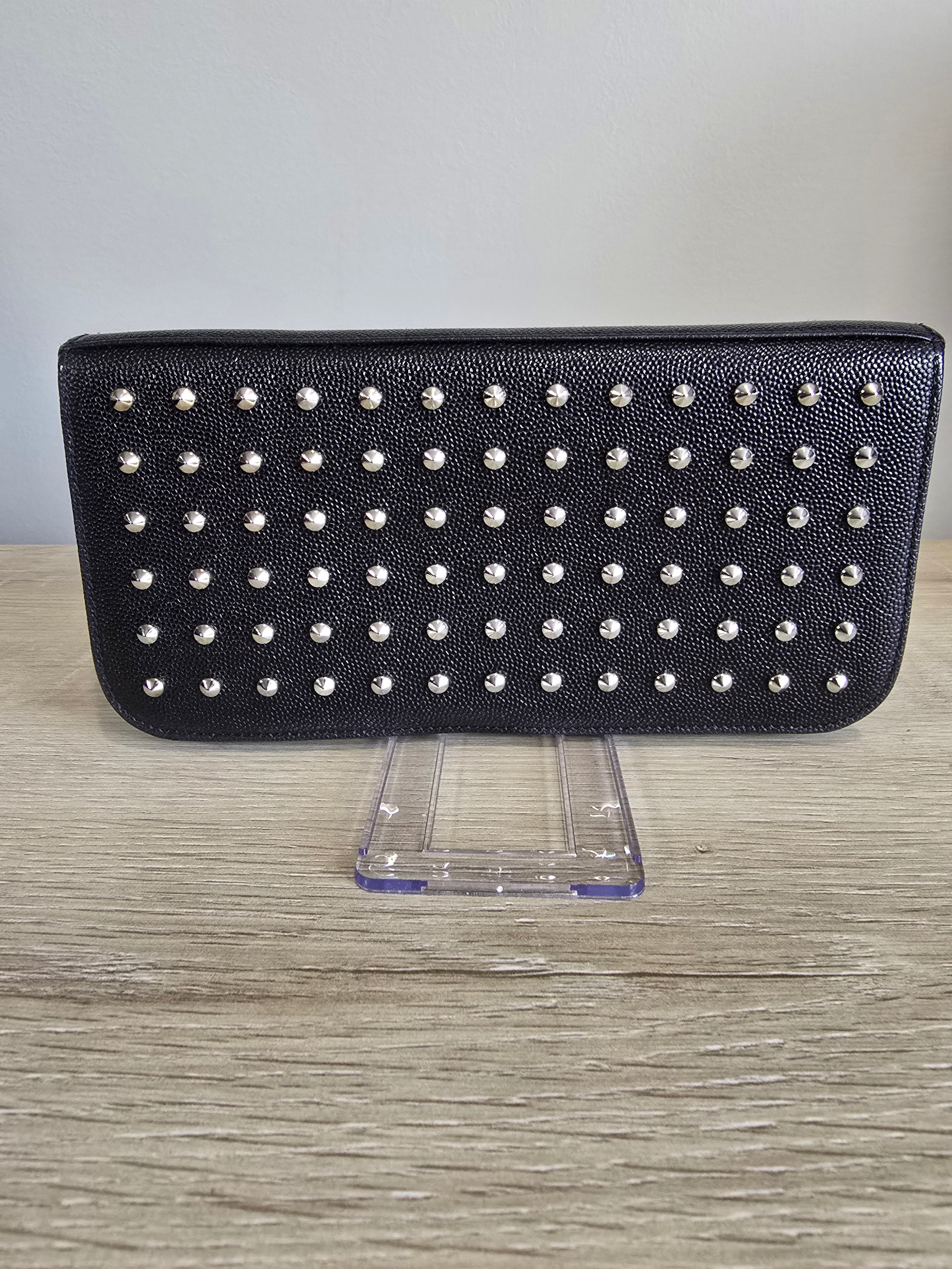 Saint Laurent Studded Black Leather Zip Around Wallet — Silver Studs