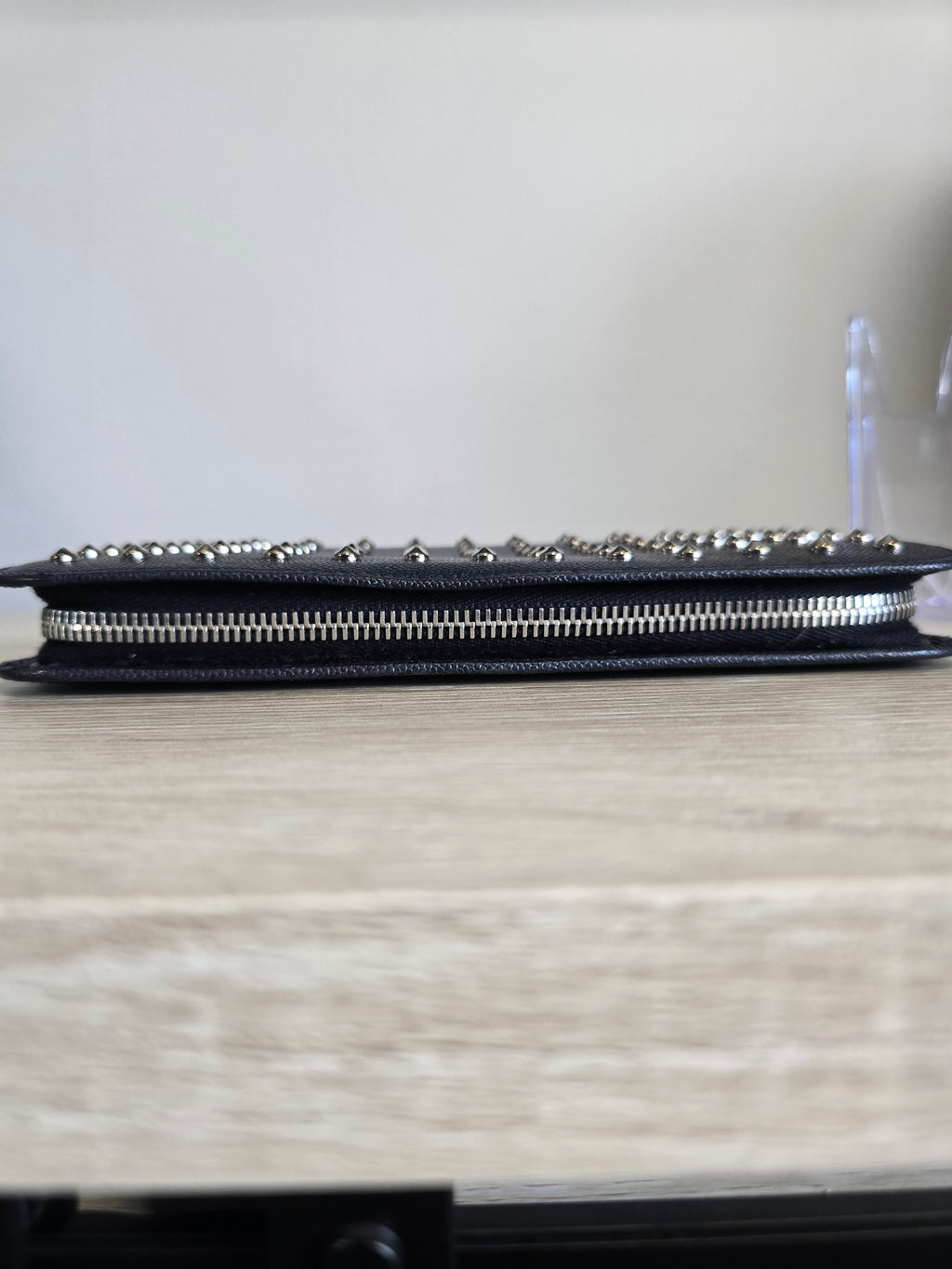 Saint Laurent Studded Black Leather Zip Around Wallet — Silver Studs