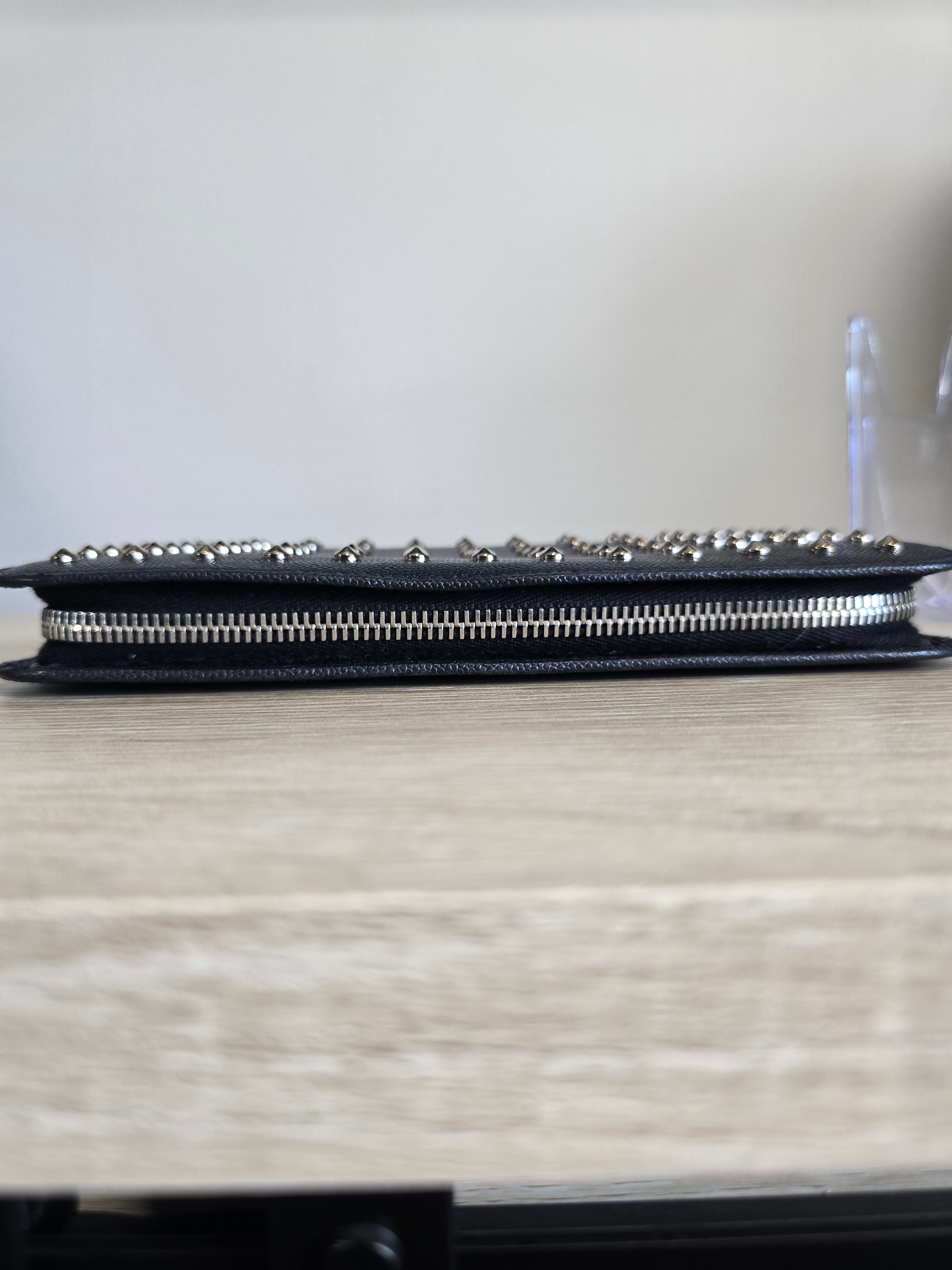 Saint Laurent Studded Black Leather Zip Around Wallet — Silver Studs