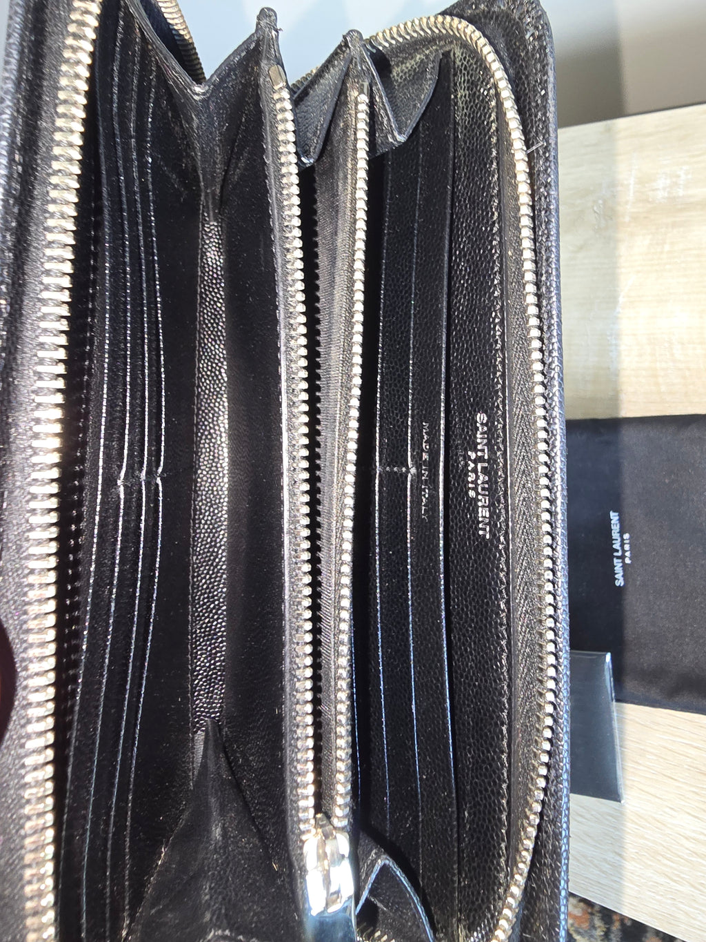 Saint Laurent Studded Black Leather Zip Around Wallet — Silver Studs