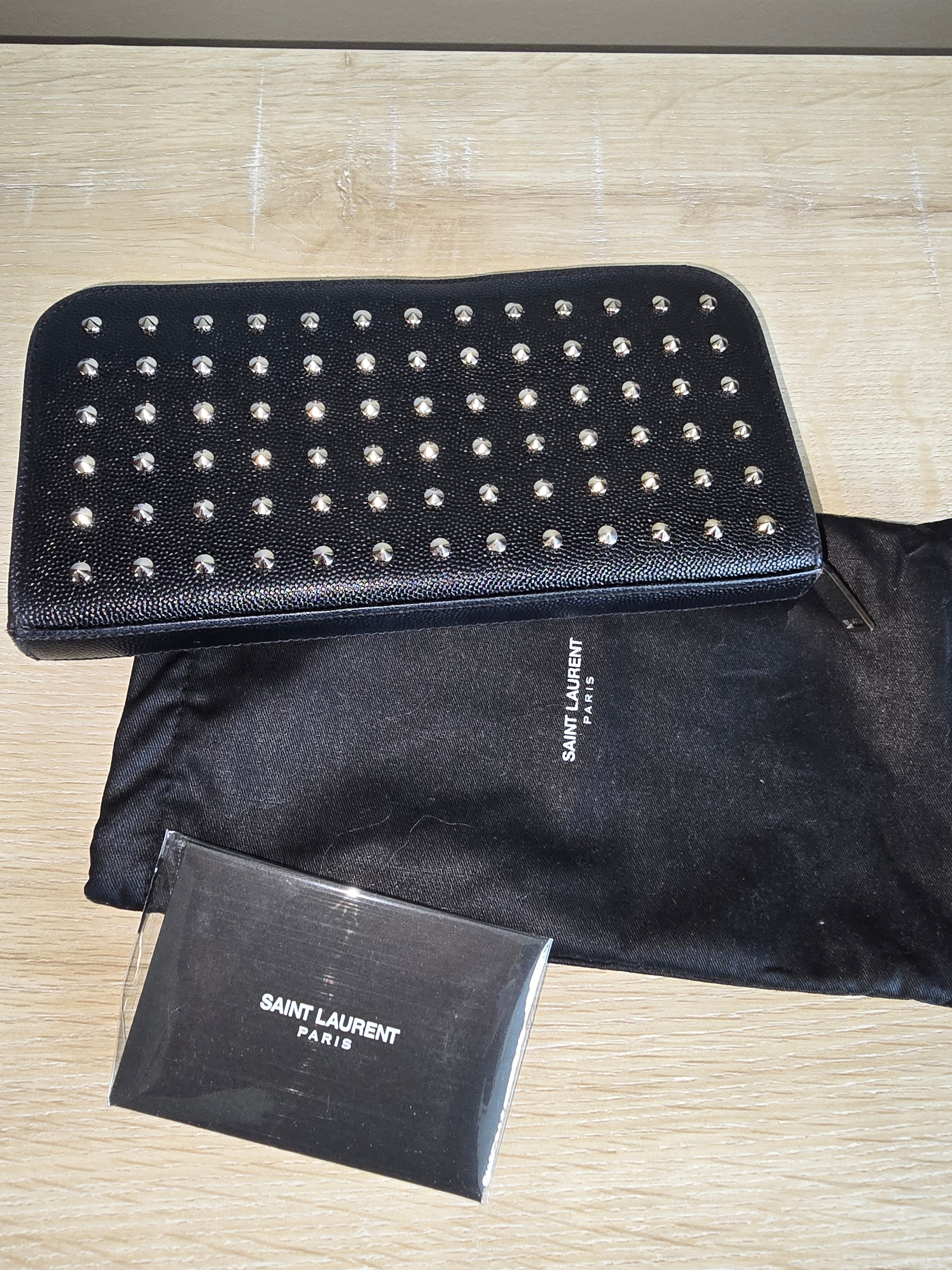 Saint Laurent Studded Black Leather Zip Around Wallet — Silver Studs