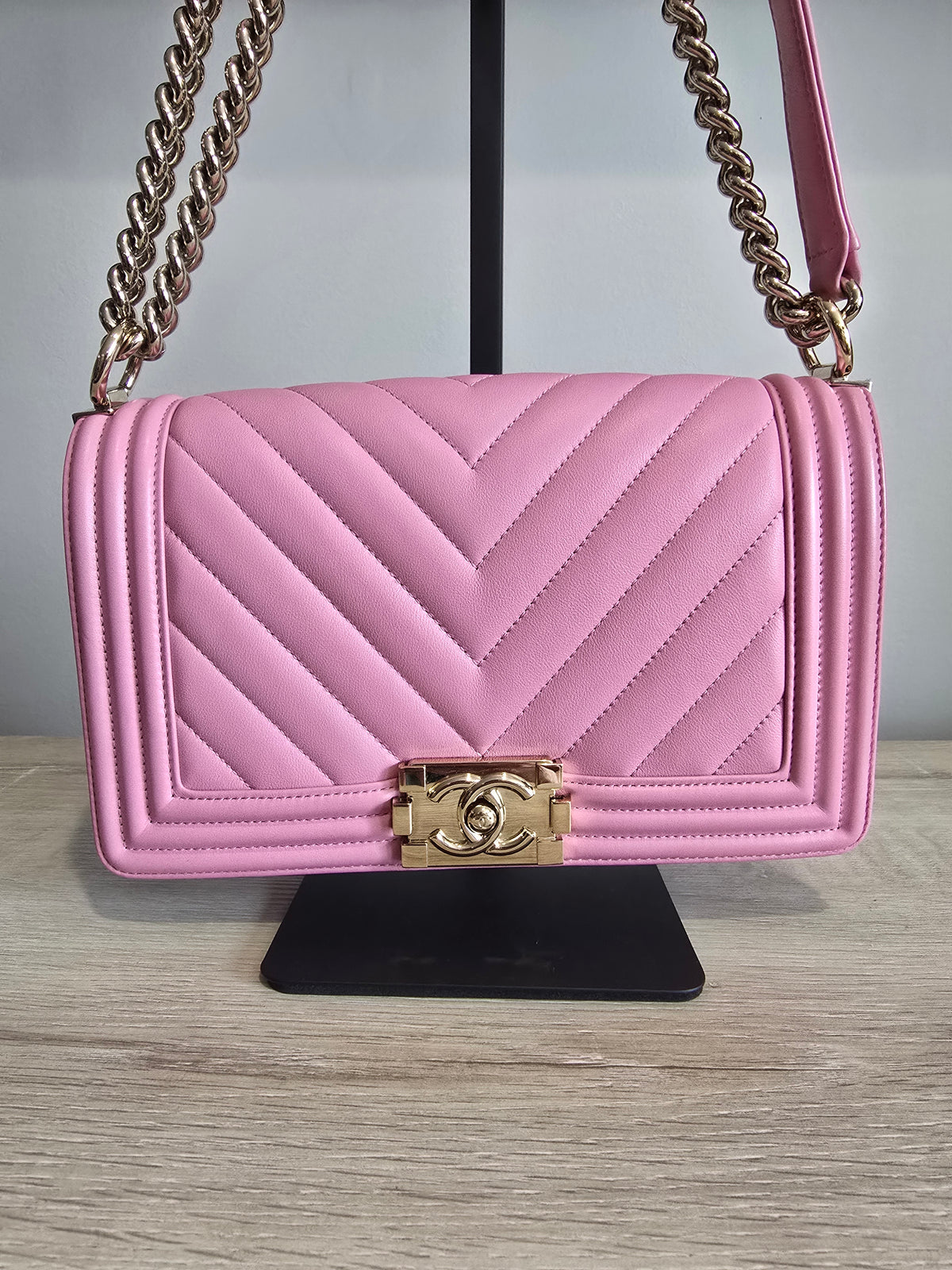 Chanel Chevron Quilted Boy Bag-Pink