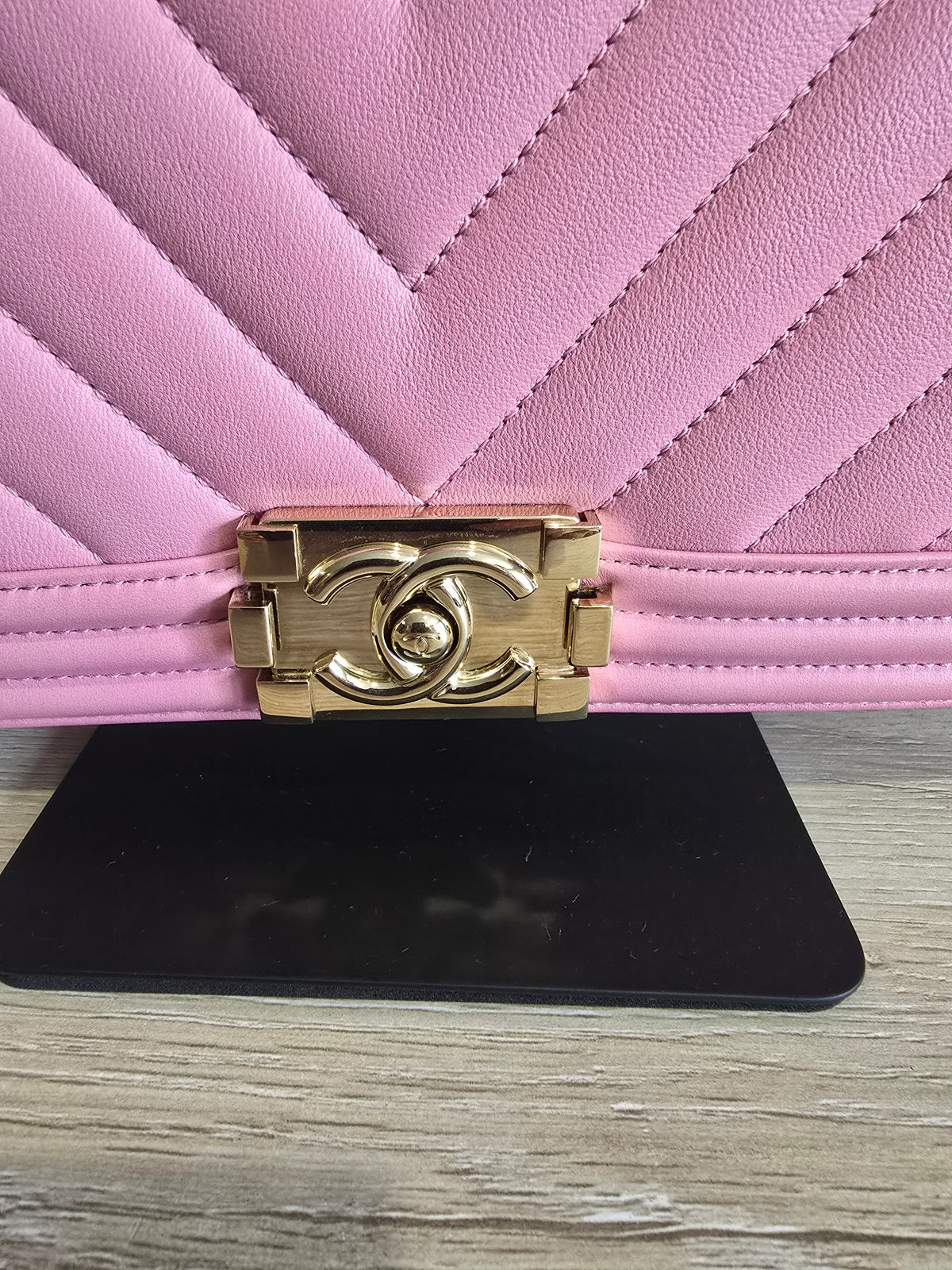 Chanel Chevron Quilted Boy Bag-Pink