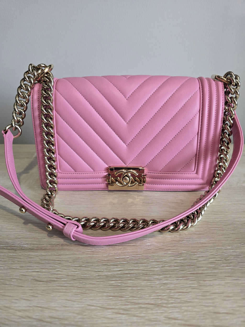 Chanel Chevron Quilted Boy Bag-Pink
