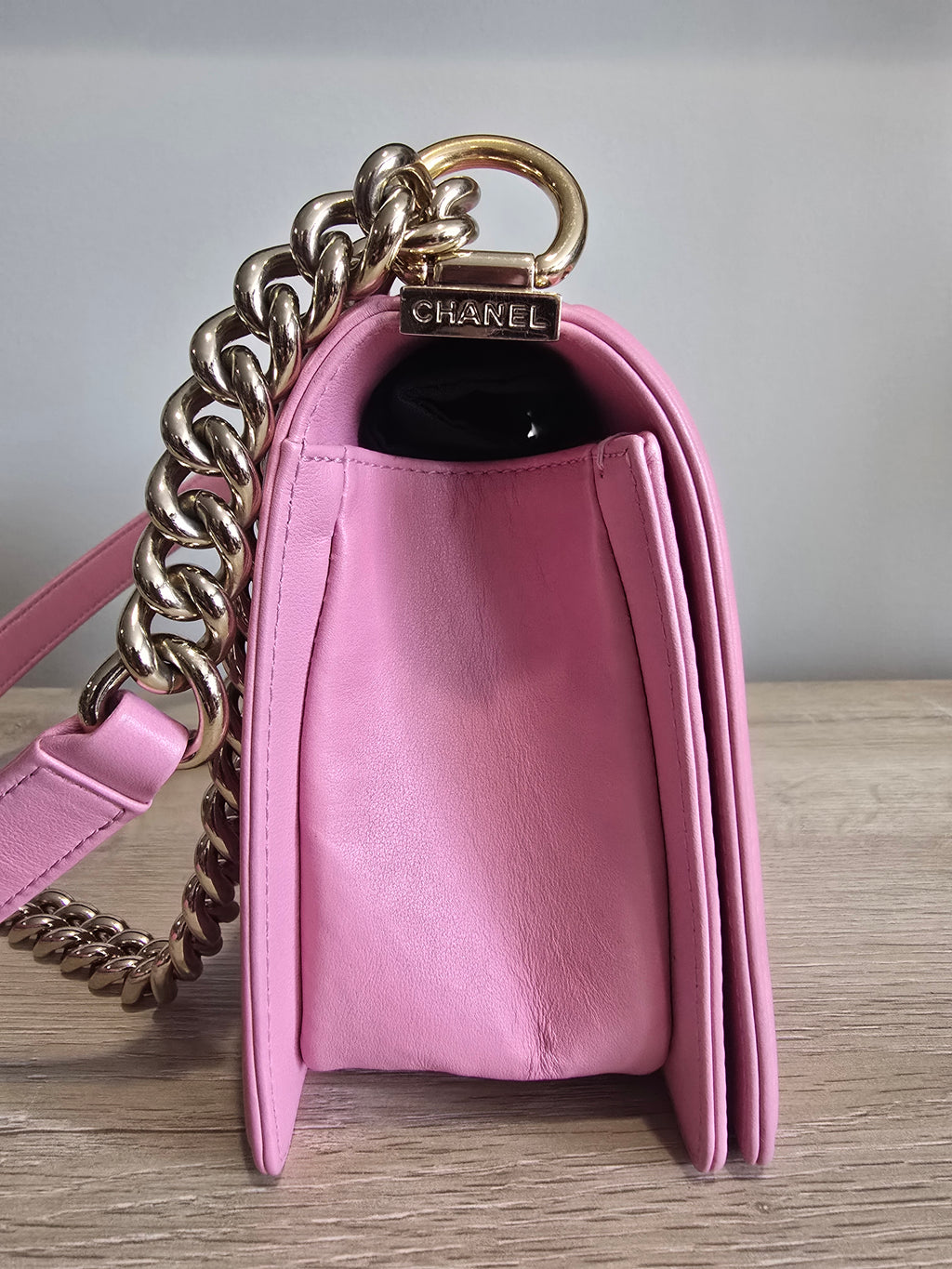 Chanel Chevron Quilted Boy Bag-Pink