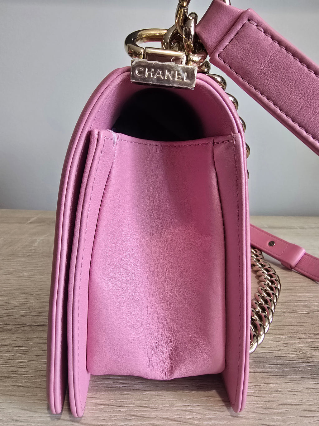 Chanel Chevron Quilted Boy Bag-Pink