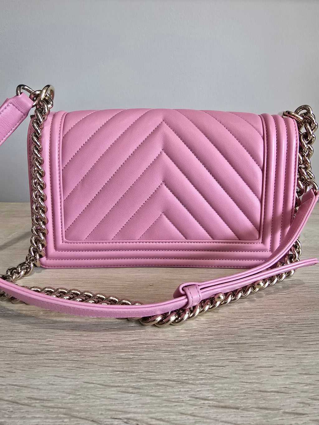Chanel Chevron Quilted Boy Bag-Pink