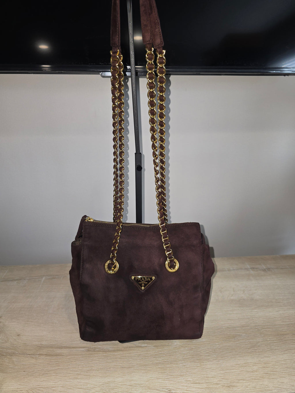 Prada Brown Suede Shoulder Bag – Gold Hardware