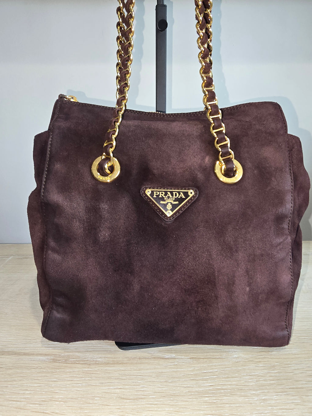 Prada Brown Suede Shoulder Bag – Gold Hardware