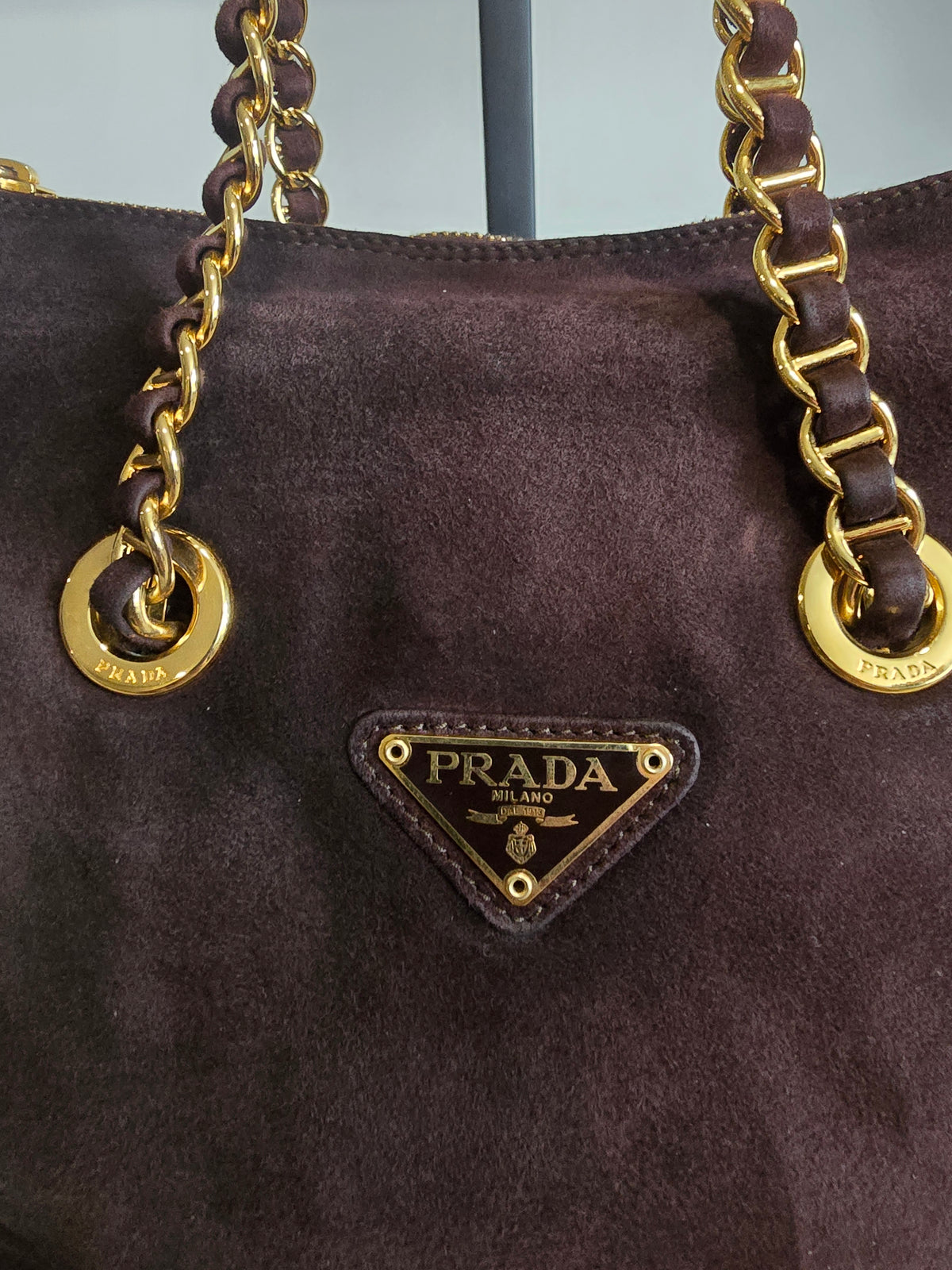Prada Brown Suede Shoulder Bag – Gold Hardware