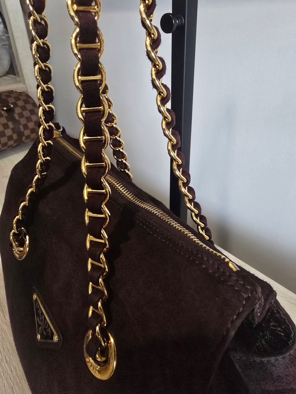 Prada Brown Suede Shoulder Bag – Gold Hardware