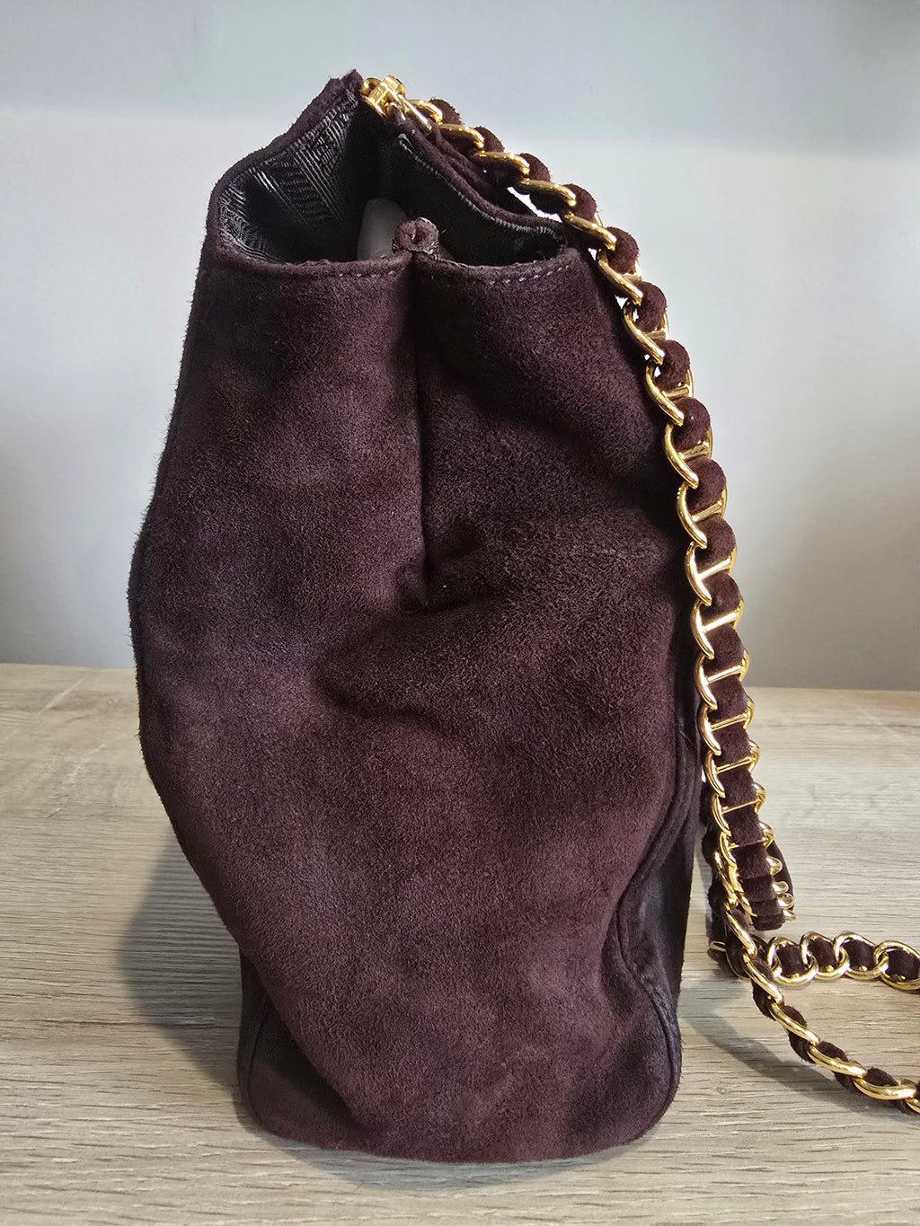 Prada Brown Suede Shoulder Bag – Gold Hardware