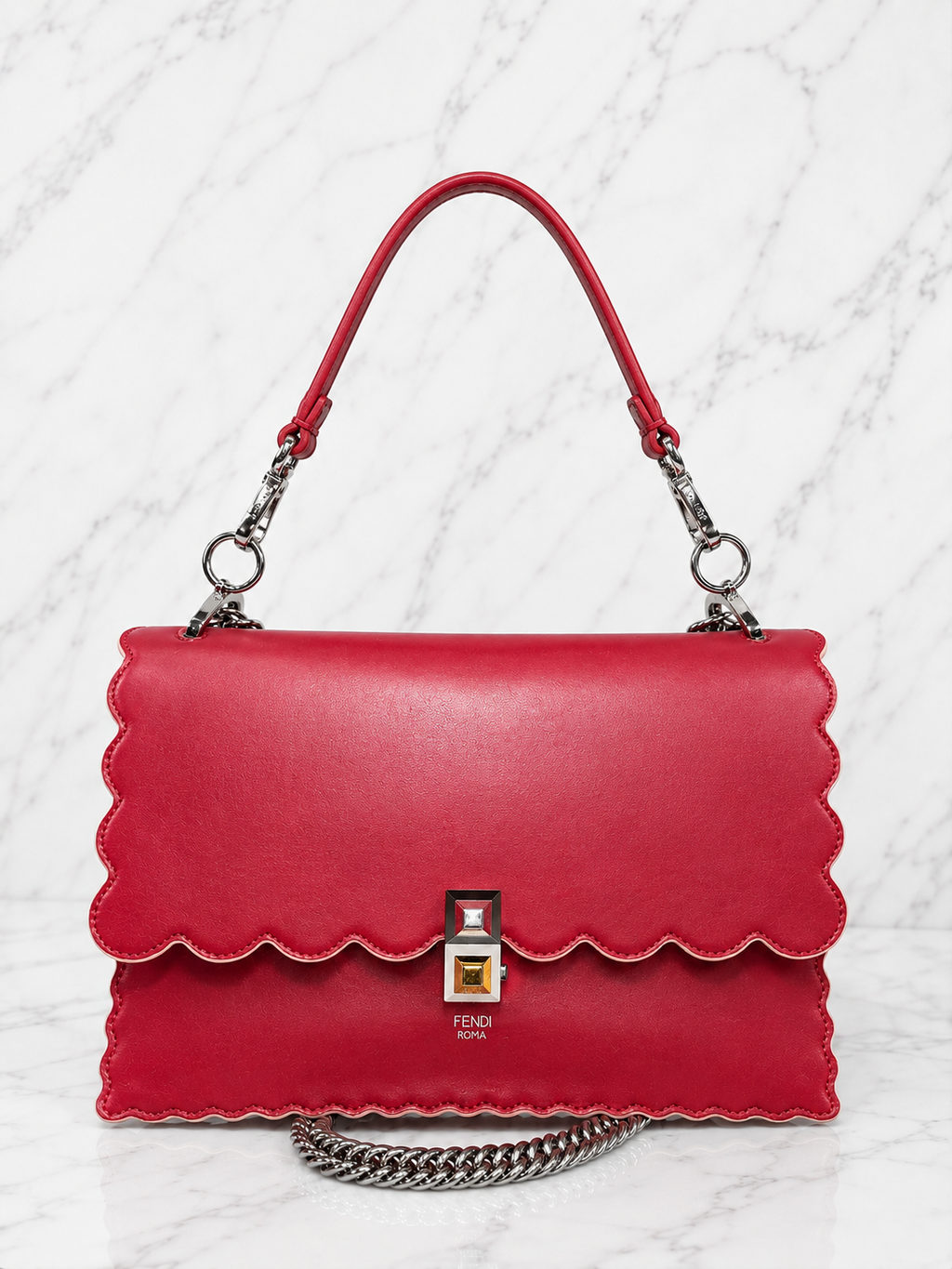 Fendi Kan I Medium Shoulder Bag Red Leather Silver Hardware Chain Strap
