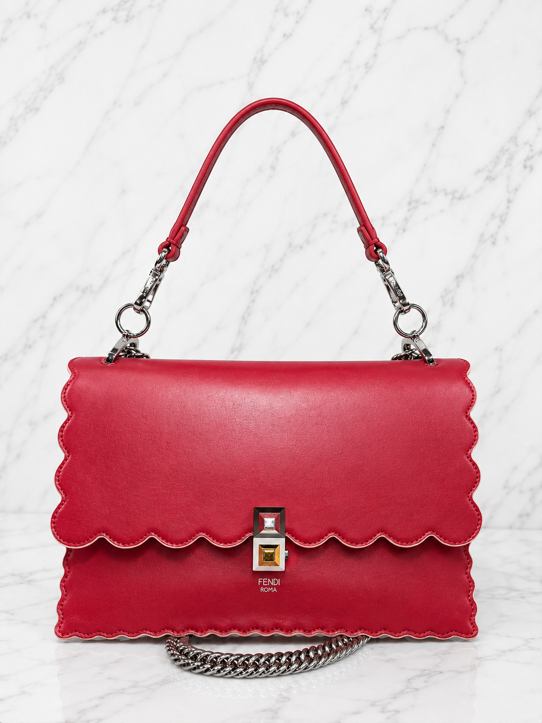 Fendi Kan I Medium Shoulder Bag Red Leather Silver Hardware Chain Strap