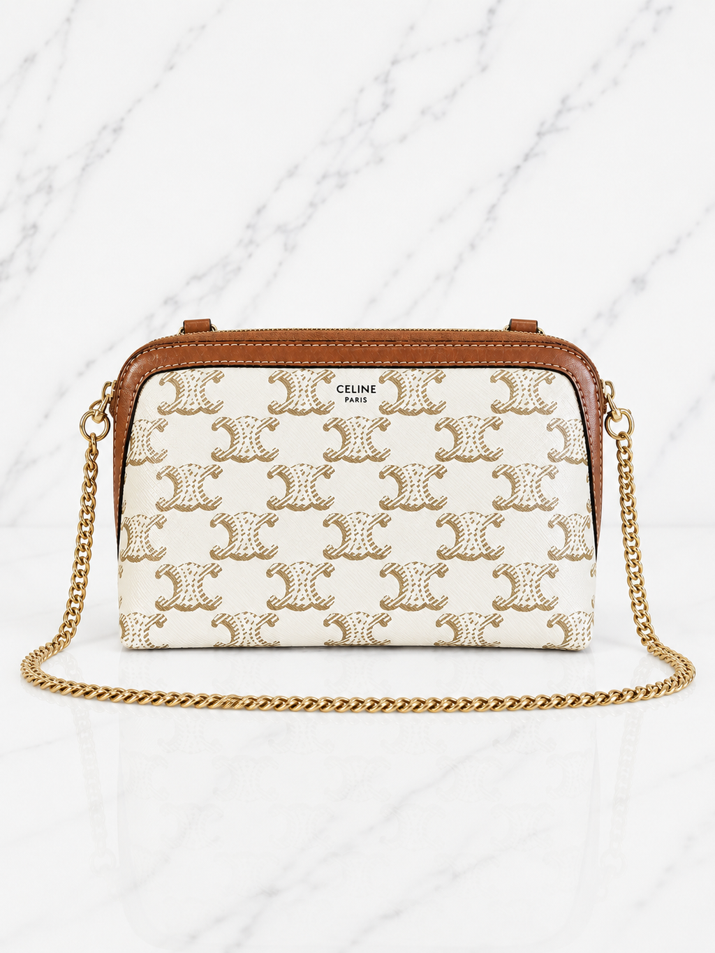 Céline Clutch on Chain Triomphe Canvas White Tan Lambskin Gold Hardware
