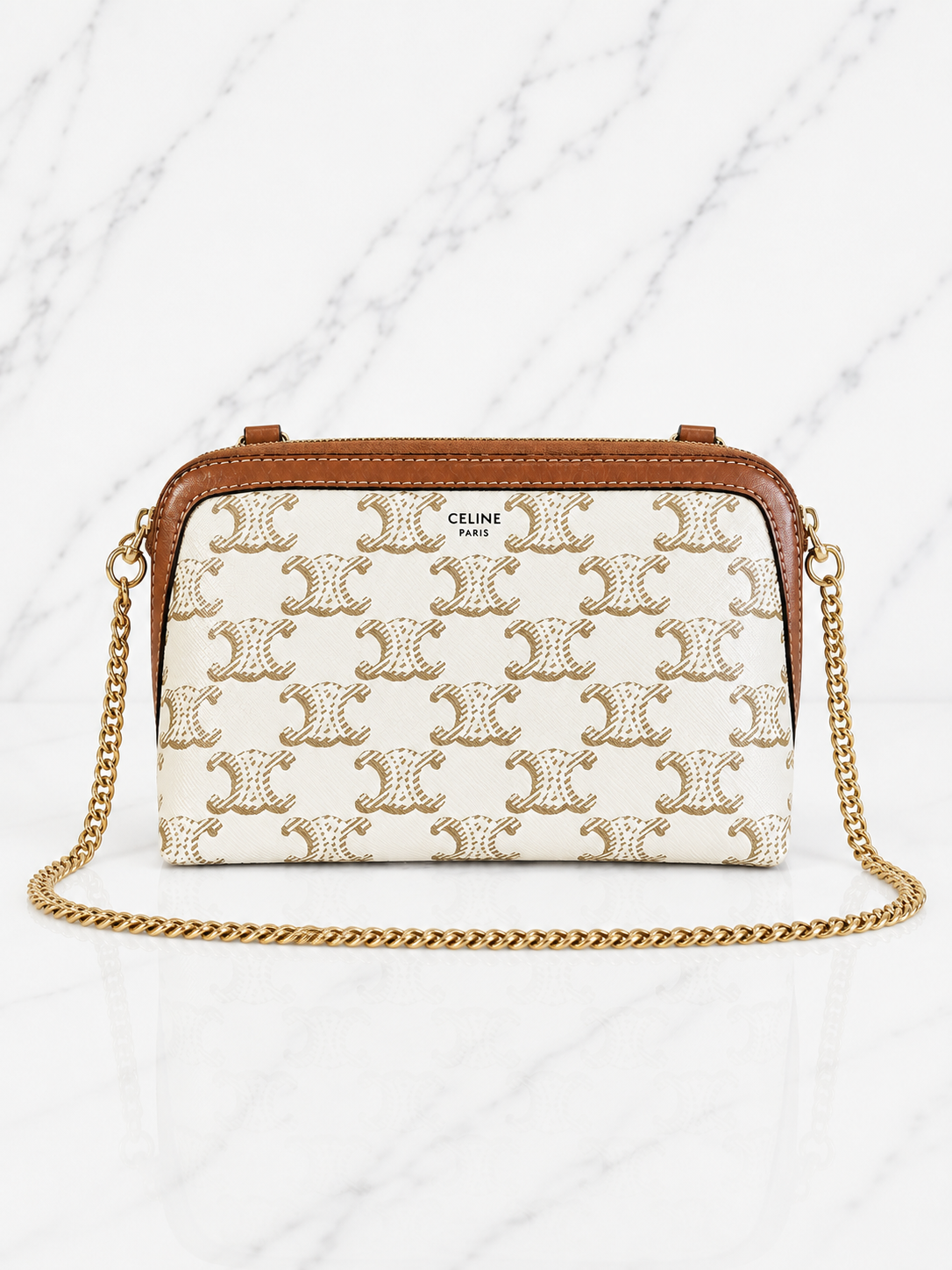 Céline Clutch on Chain Triomphe Canvas White Tan Lambskin Gold Hardware