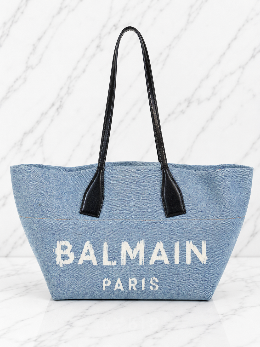 Balmain Paris Blue Denim Track Tote Bag White Letters Black Leather Handles Gold Hardware