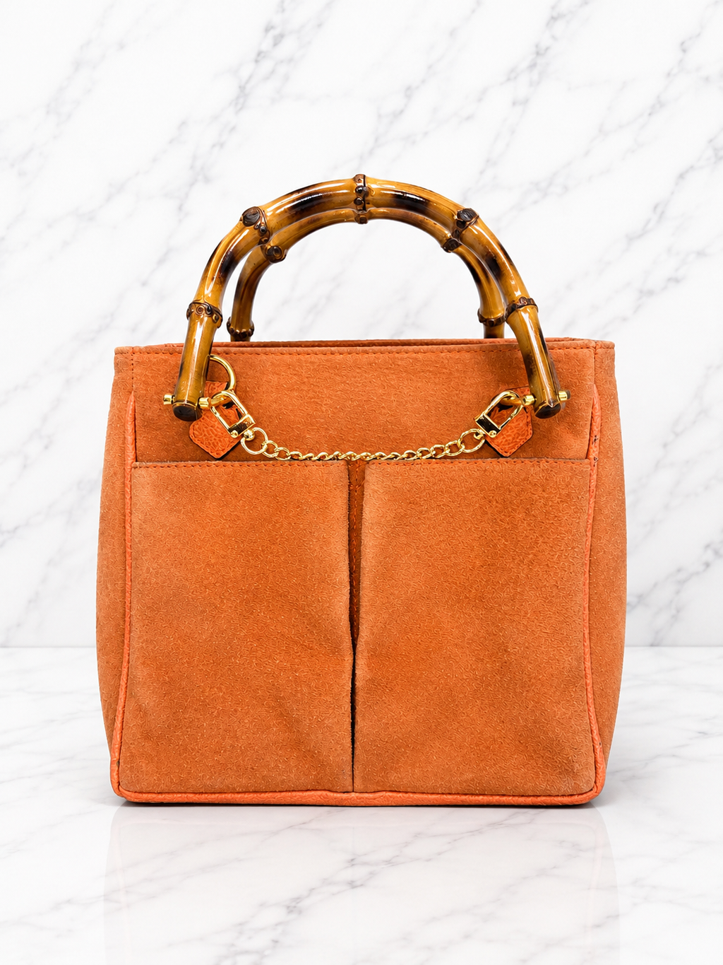 Gucci Vintage Bamboo 2-Way Front Pocket Tote Bag Orange Suede Gold Hardware