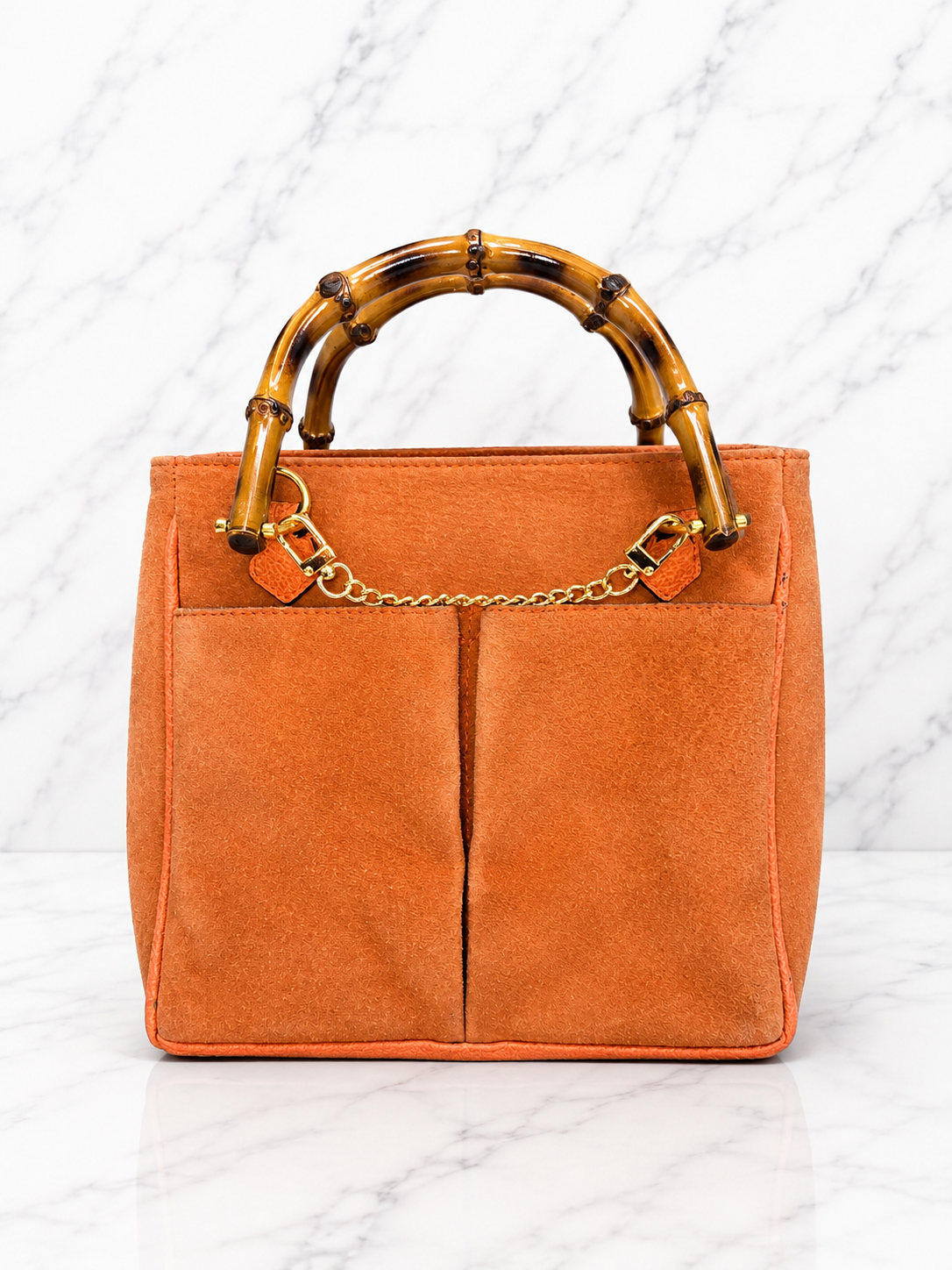 Gucci Vintage Bamboo 2-Way Front Pocket Tote Bag Orange Suede Gold Hardware