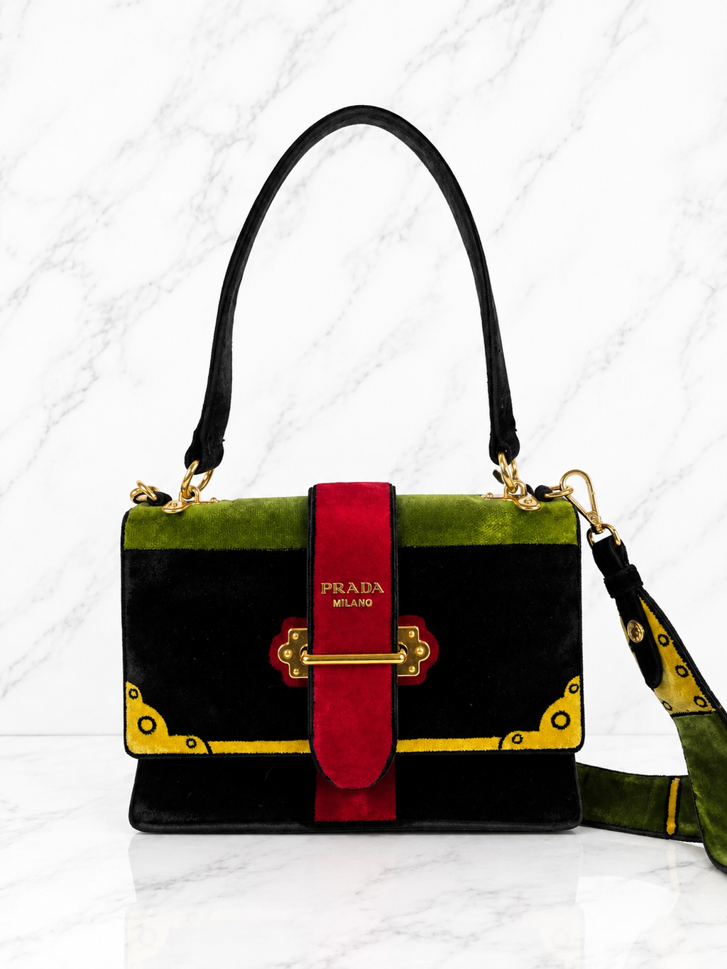 Prada Cahier Shoulder Bag Green Black Velvet Trompe L’Œil Gold Hardware