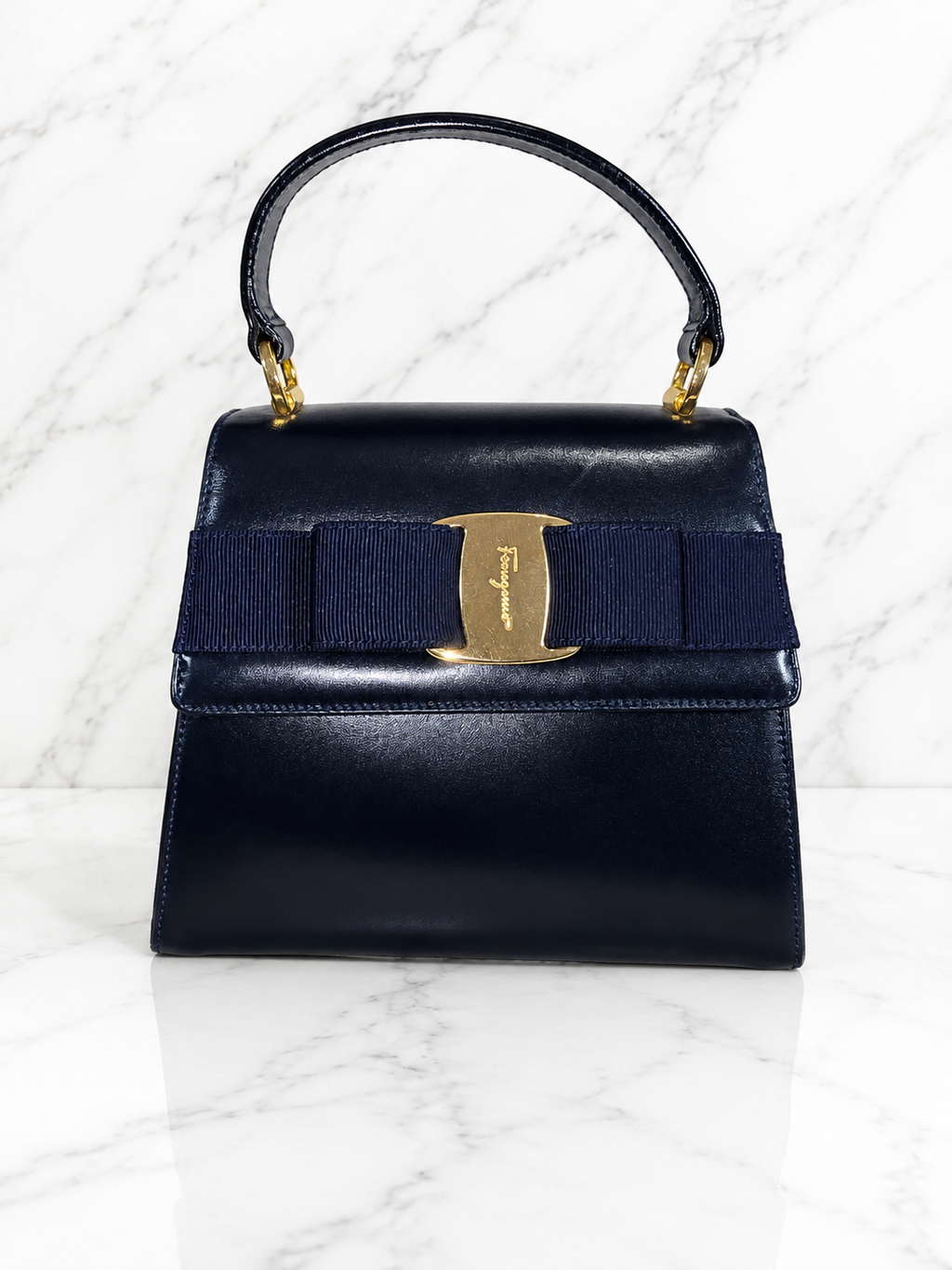 Salvatore Ferragamo Vintage Vara Bow Small Top Handle Bag Navy Leather Gold Hardware