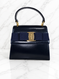 Salvatore Ferragamo Vintage Vara Bow Small Top Handle Bag Navy Leather Gold Hardware
