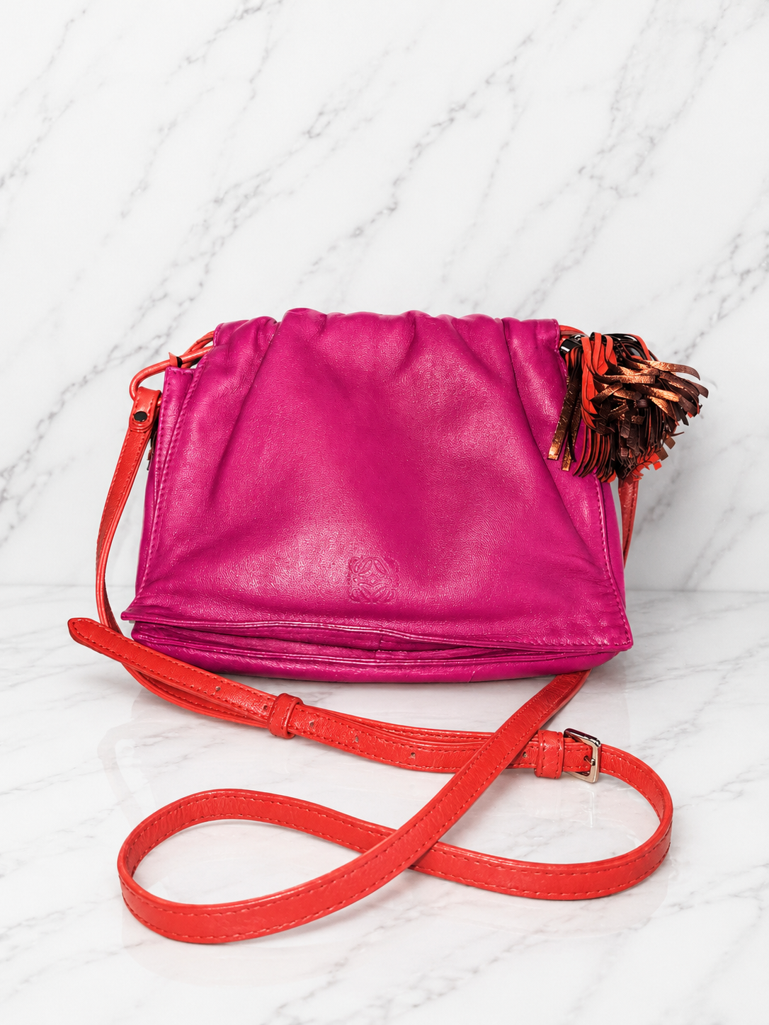 Loewe Flamenco Shoulder Bag — Bright Pink with Red Shoulder Strap