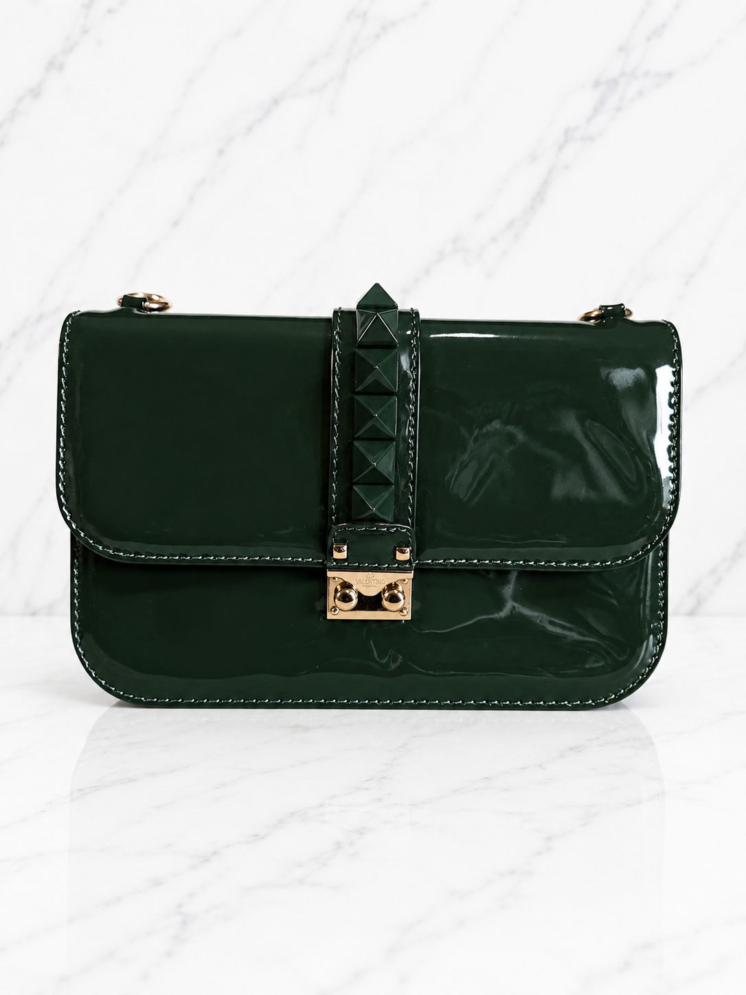 Valentino Garavani Rockstud Glam Lock Shoulder Bag Green Patent Leather Gold Hardware Chain Strap
