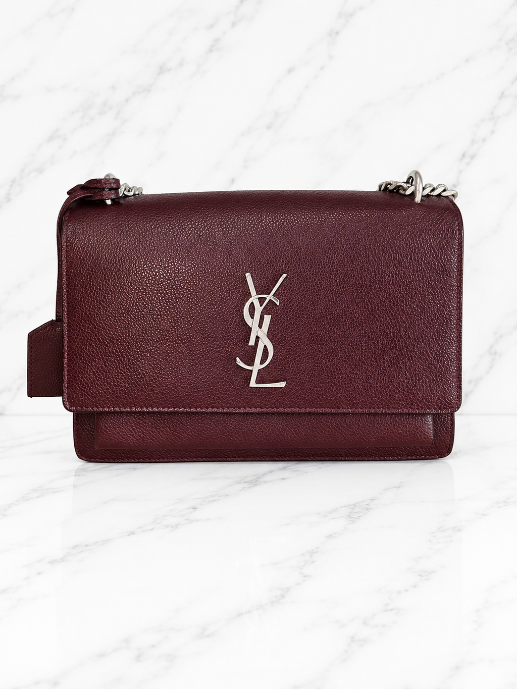 Saint Laurent Sunset Bag — Burgundy Grained Leather / Silver Hardware