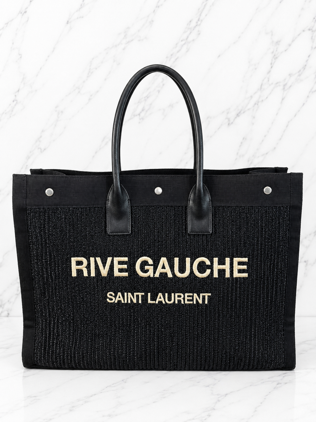 Saint Laurent Rive Gauche Tote Bag Black Raffia Leather Silver Hardware