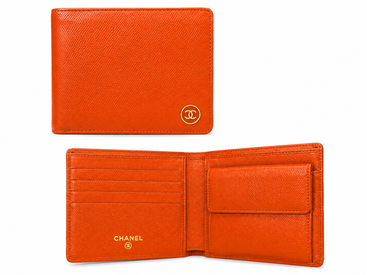 Chanel Men’s Bifold Wallet – Orange Pebbled Leather / Gold CC Logo
