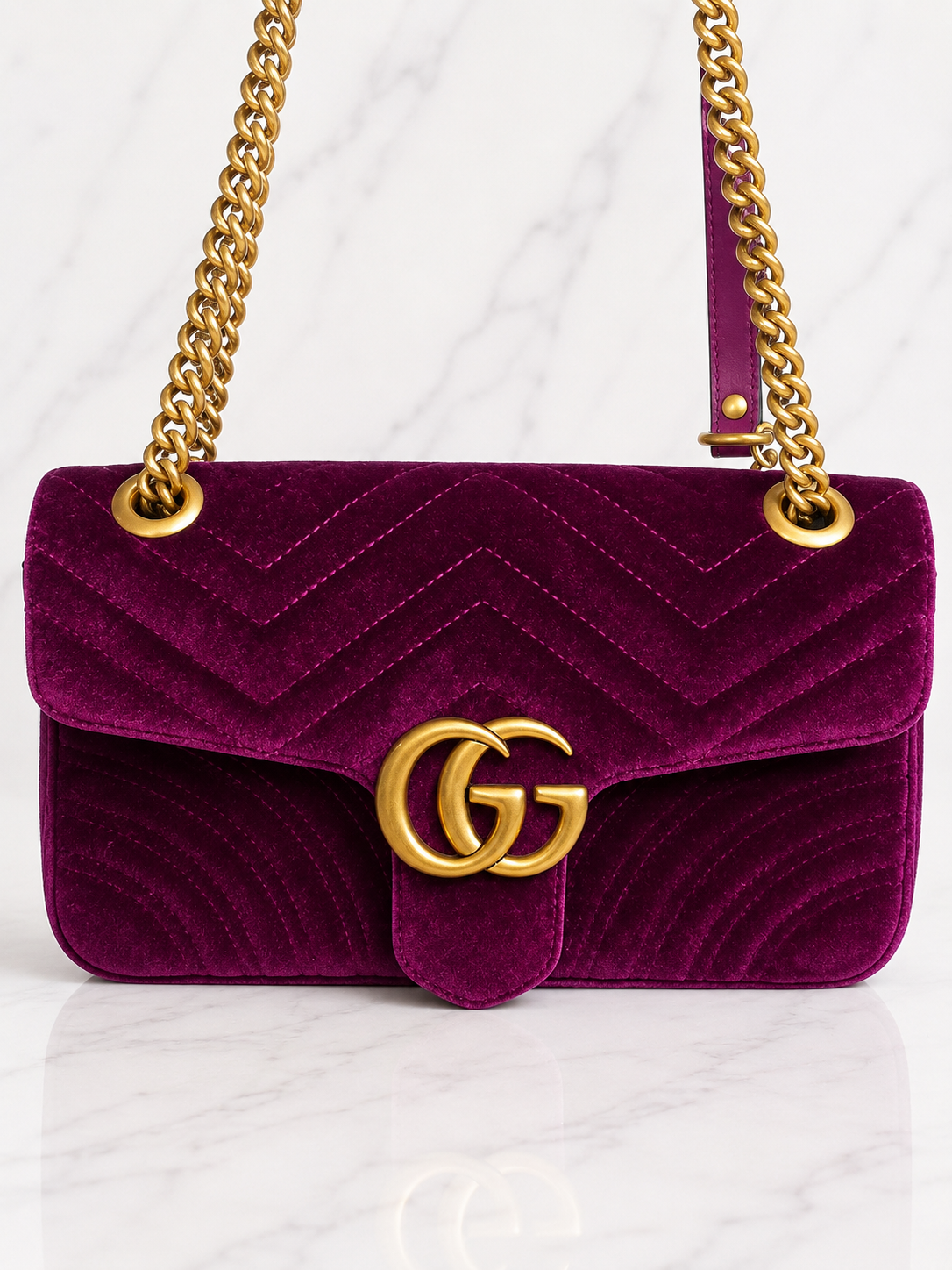 Gucci Velvet Matelassé Medium GG Marmont Shoulder Bag — Violet Cyclamen