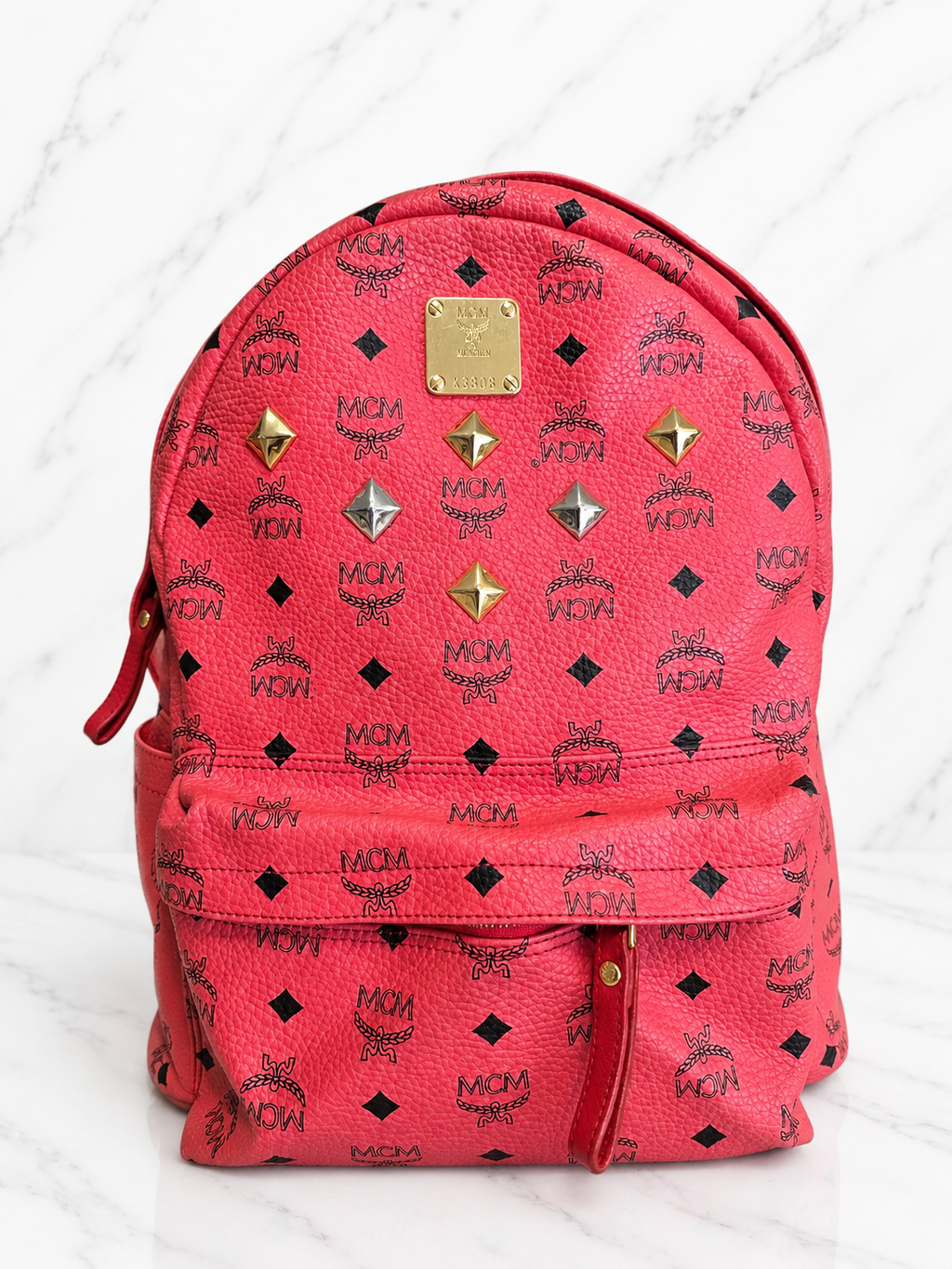 MCM Visetos Stark Studded Leather Backpack — Red