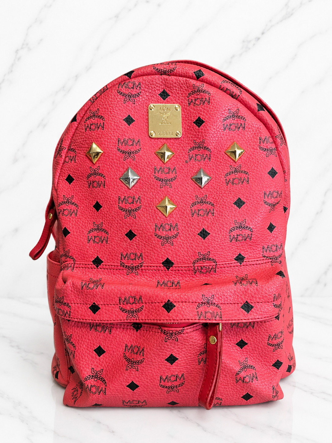 MCM Visetos Stark Studded Leather Backpack — Red