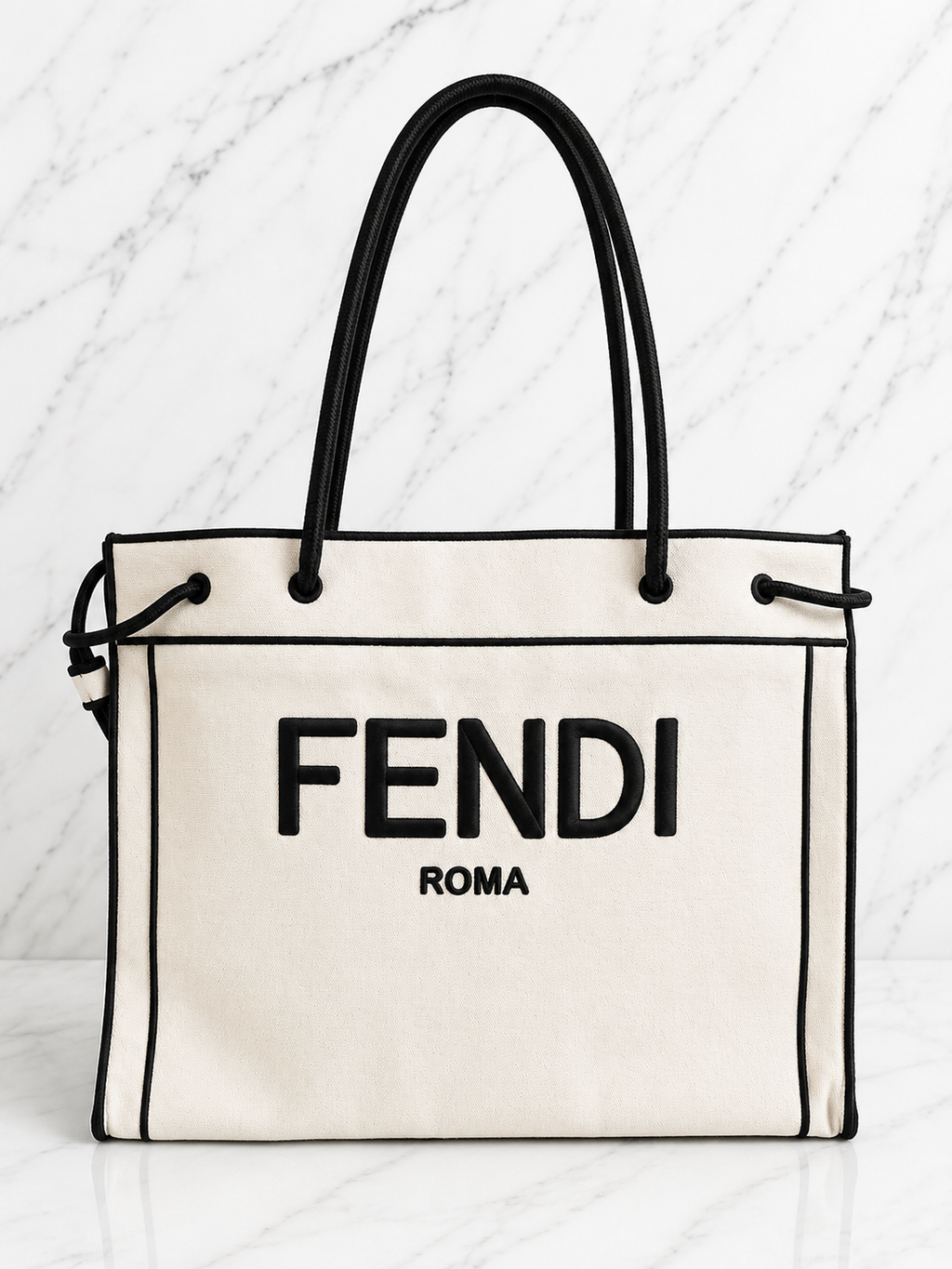 Fendi Roma Small Shopper Tote White Canvas Black Lettering Silver Hardware