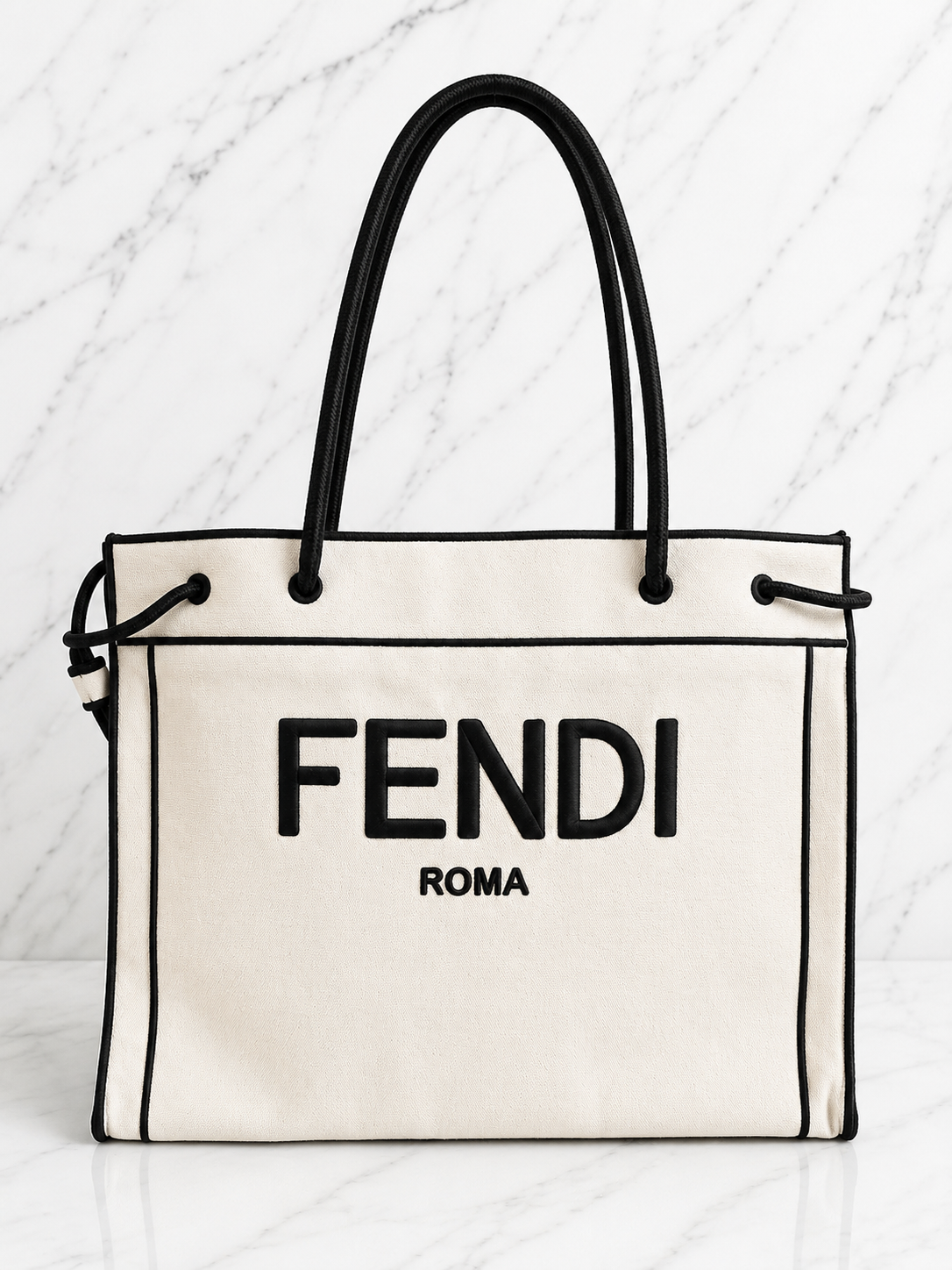 Fendi Roma Small Shopper Tote White Canvas Black Lettering Silver Hardware